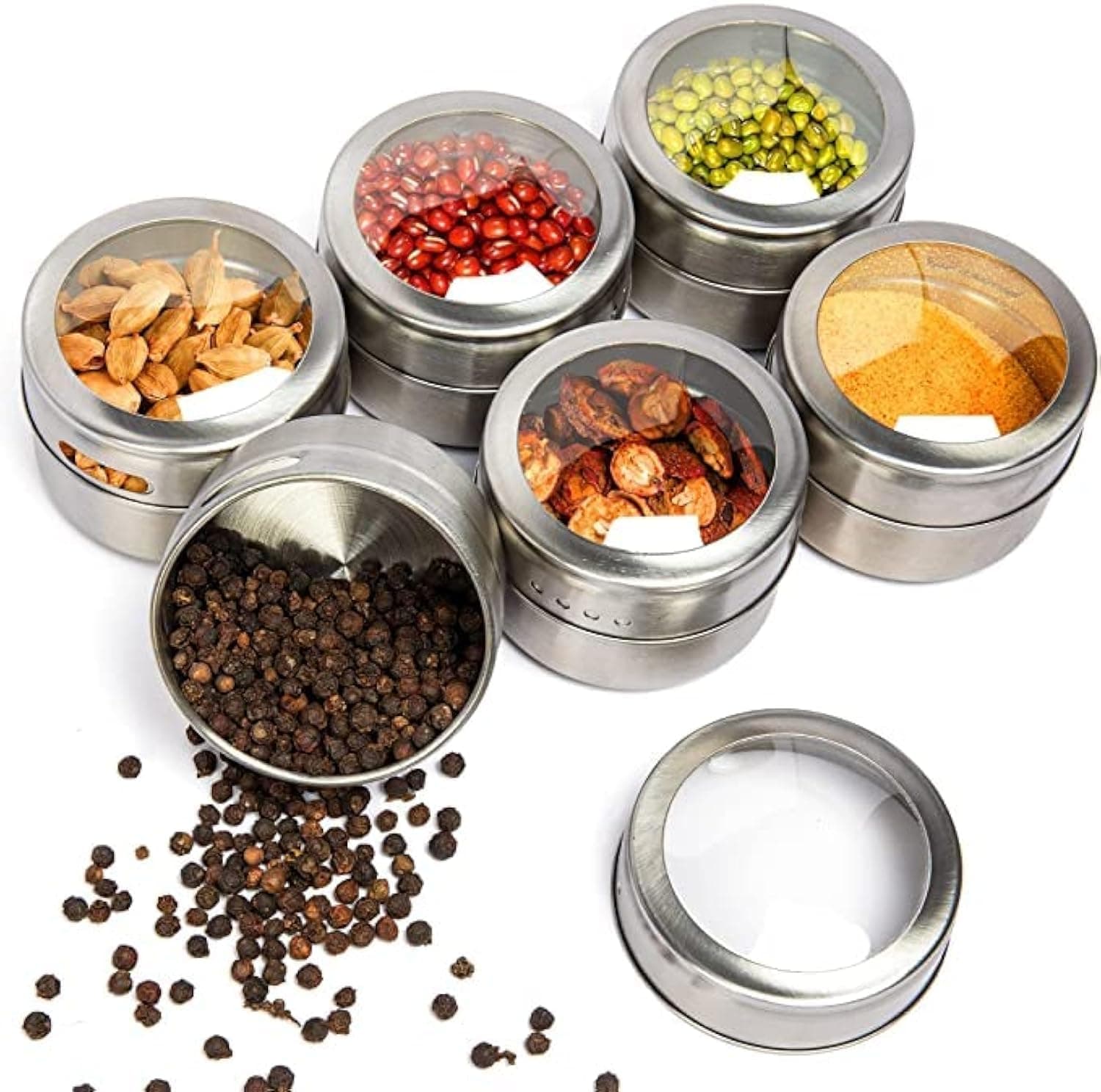ORiTi 6pcs Magnetic Spice Tins Stainless Steel, Spice Storage Container Spice Jar Magnetic Clear Top Lid with Sift or Pour, Magnetic on Refrigerator and Grill Kitchen Organization