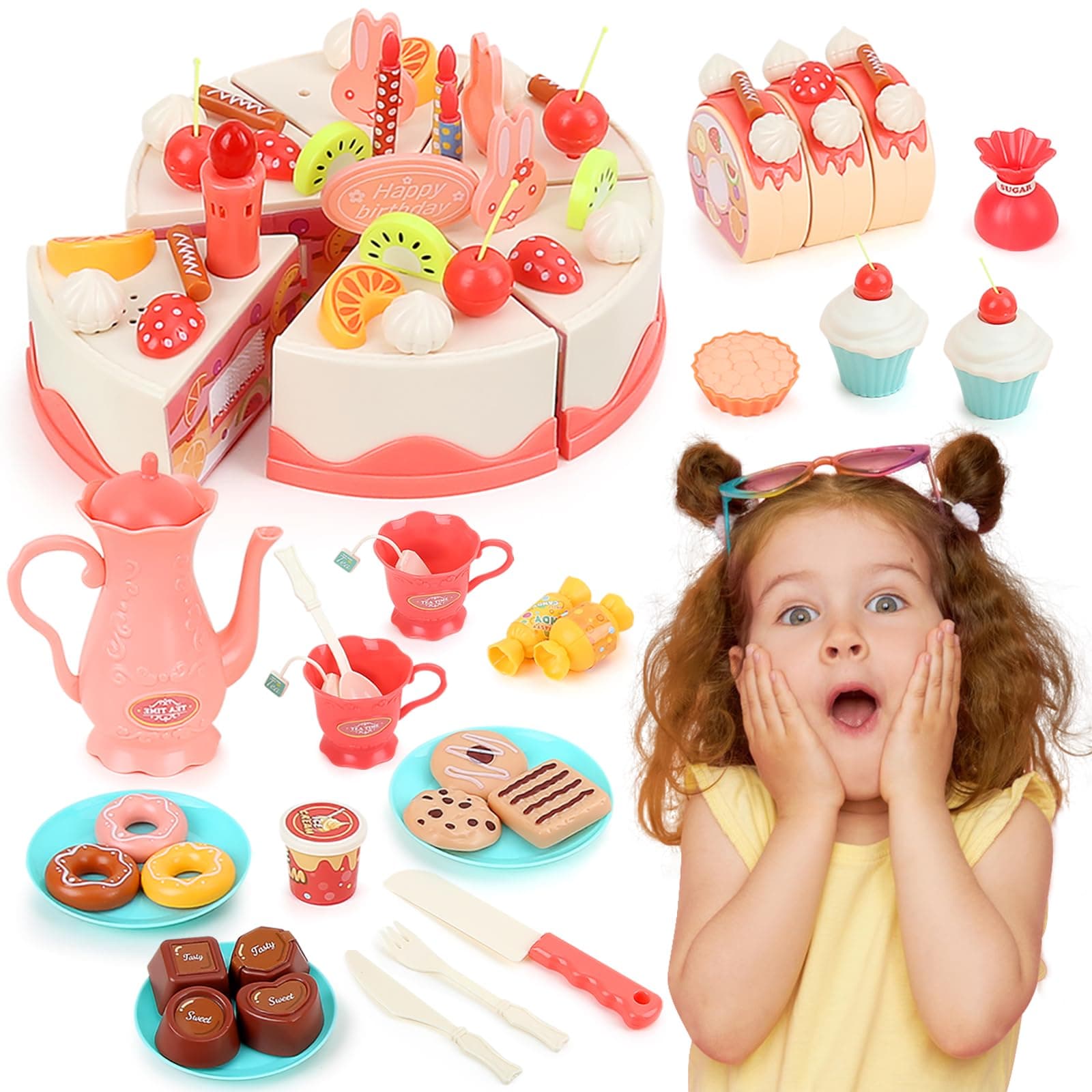Kramow Pretend Play Food Set for Kids, Cutting and Decorating Birthday Cake with Music and Light, Educational Toys for Girls and Boys Ages 3-6, Role-Playing Kitchen Toy, Creative Learning Gift