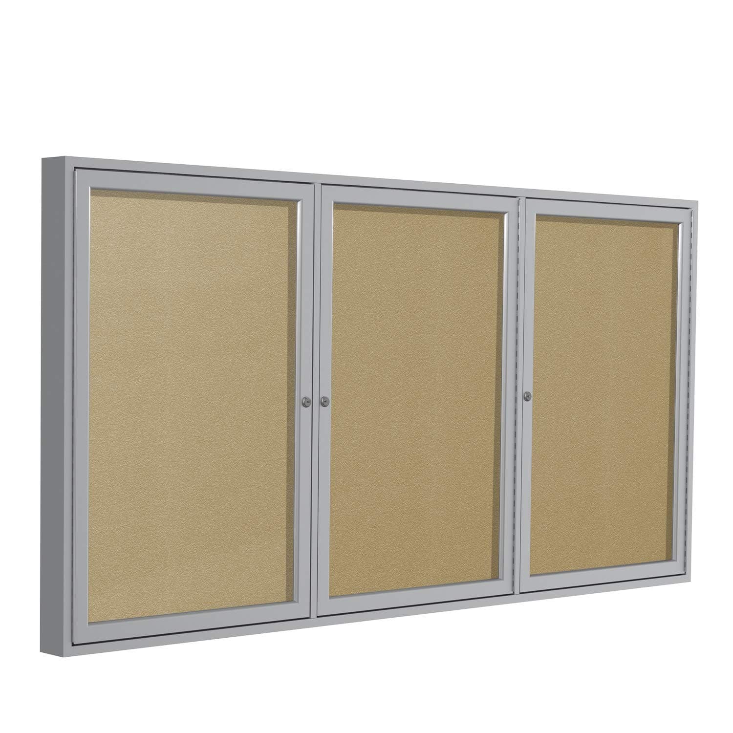 - Ghent 36" x 72" 3-Door Outdoor Enclosed Bulletin Board with Lock, Vinyl Material, Shatter Resistant Acrylic Panels, Made in the USA, Satin Aluminum Frame - Caramel