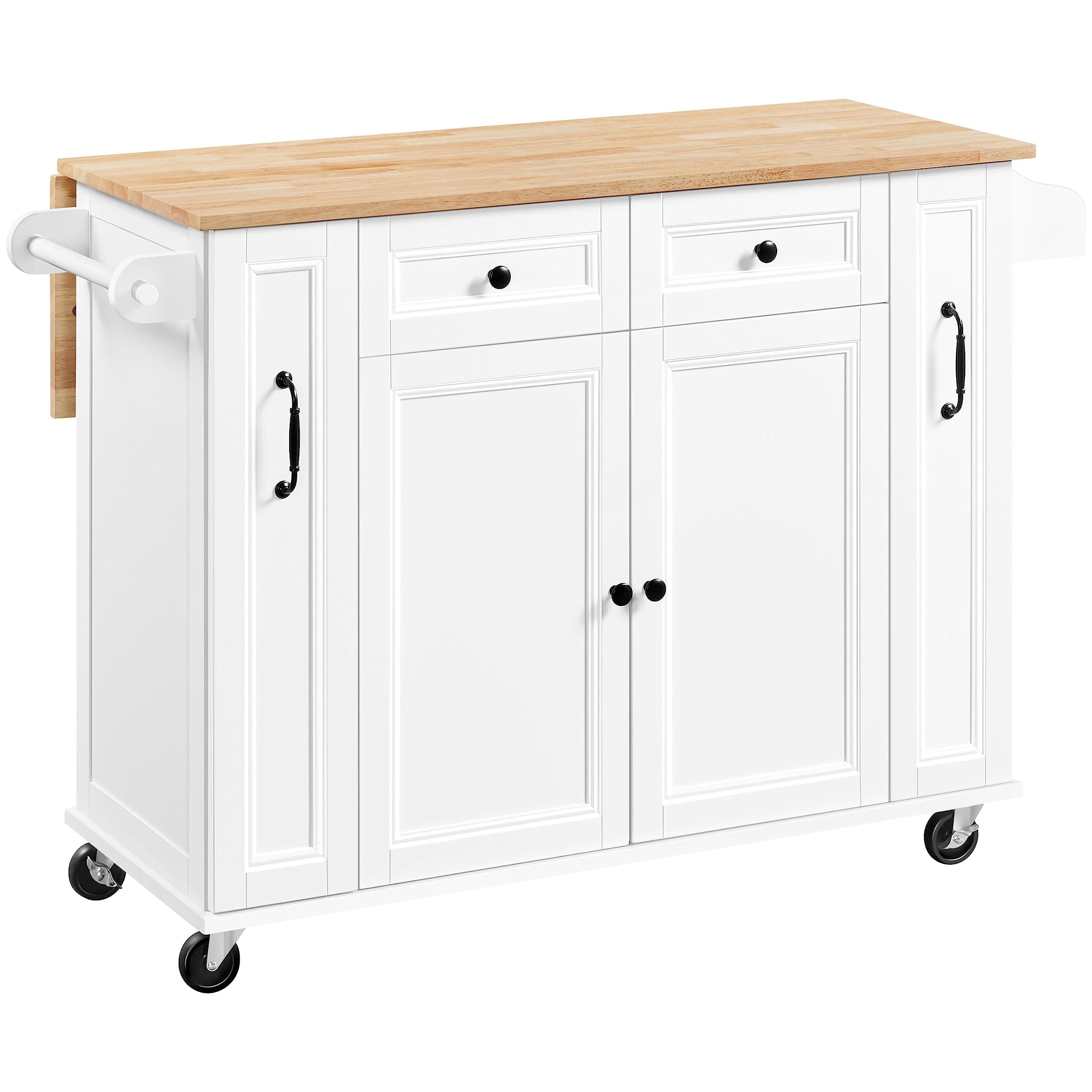 costoffsKitchen Trolley with Drop-Leaf Breakfast Bar, Kitchen Cart with Rubberwood Top, Rolling Kitchen Island with Storage Cabinet & 2 Drawers & 2 Side Pull-Outs & Spice Rack for Dining Room, White