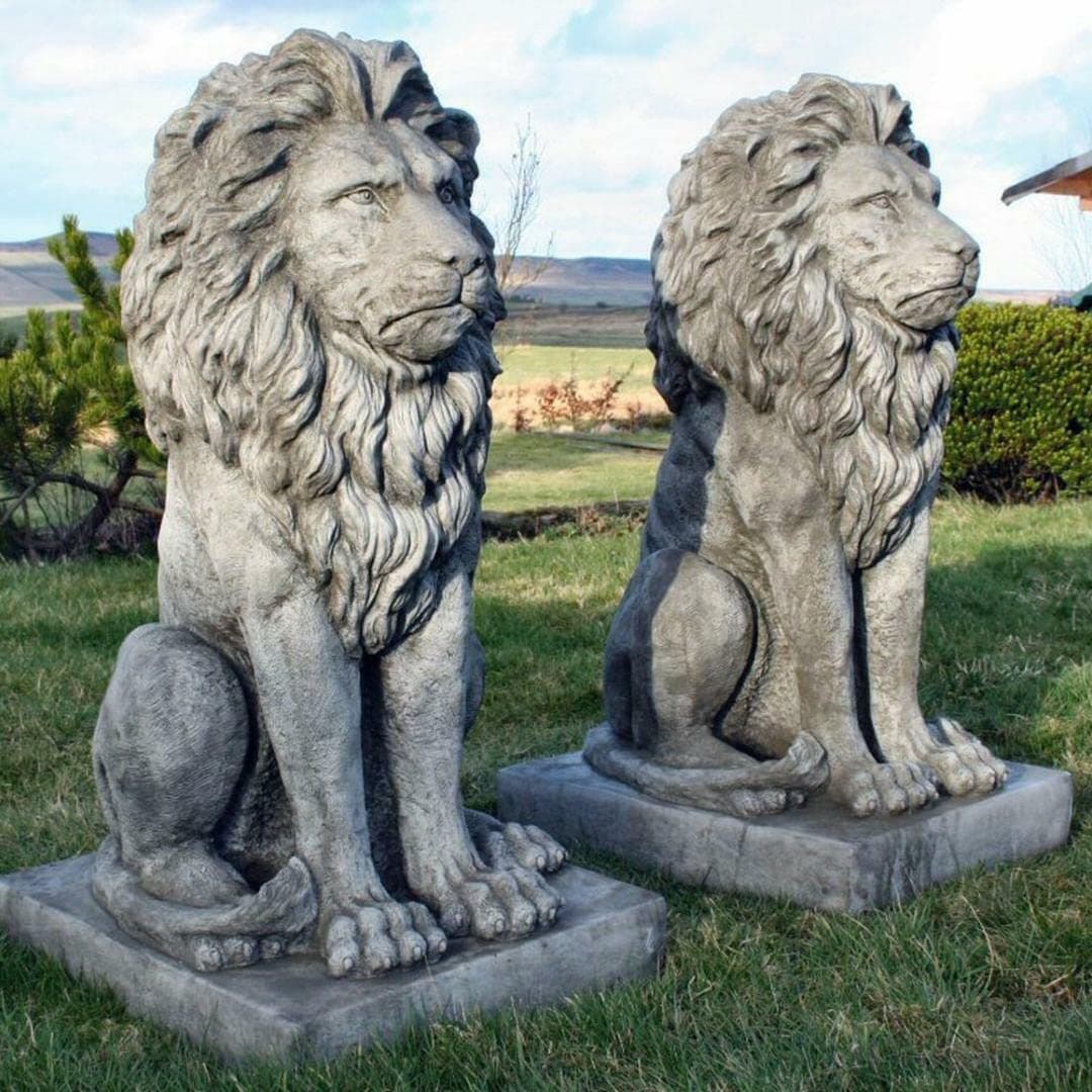 Stunning Pair Large Sitting Stone Cast Lions Statues Garden Ornaments By DGS UK 330KGS