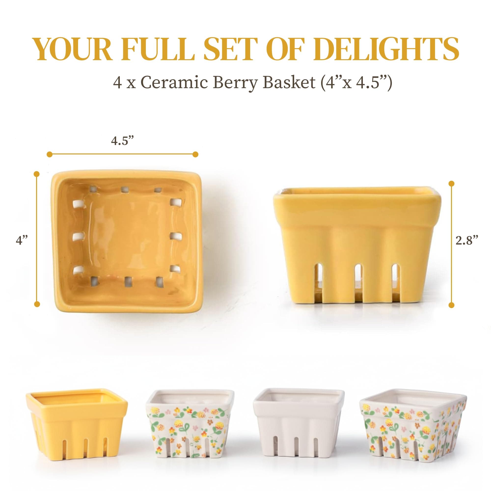 BIEN BEAU Farmhouse Ceramic Berry Basket, Colander, Farmers Market square Bowl. Rustic Kitchen decor fruit bowls, Fruit Baskets, Yellow, White and floral pattern Stoneware Harvest Bowls Set of 4
