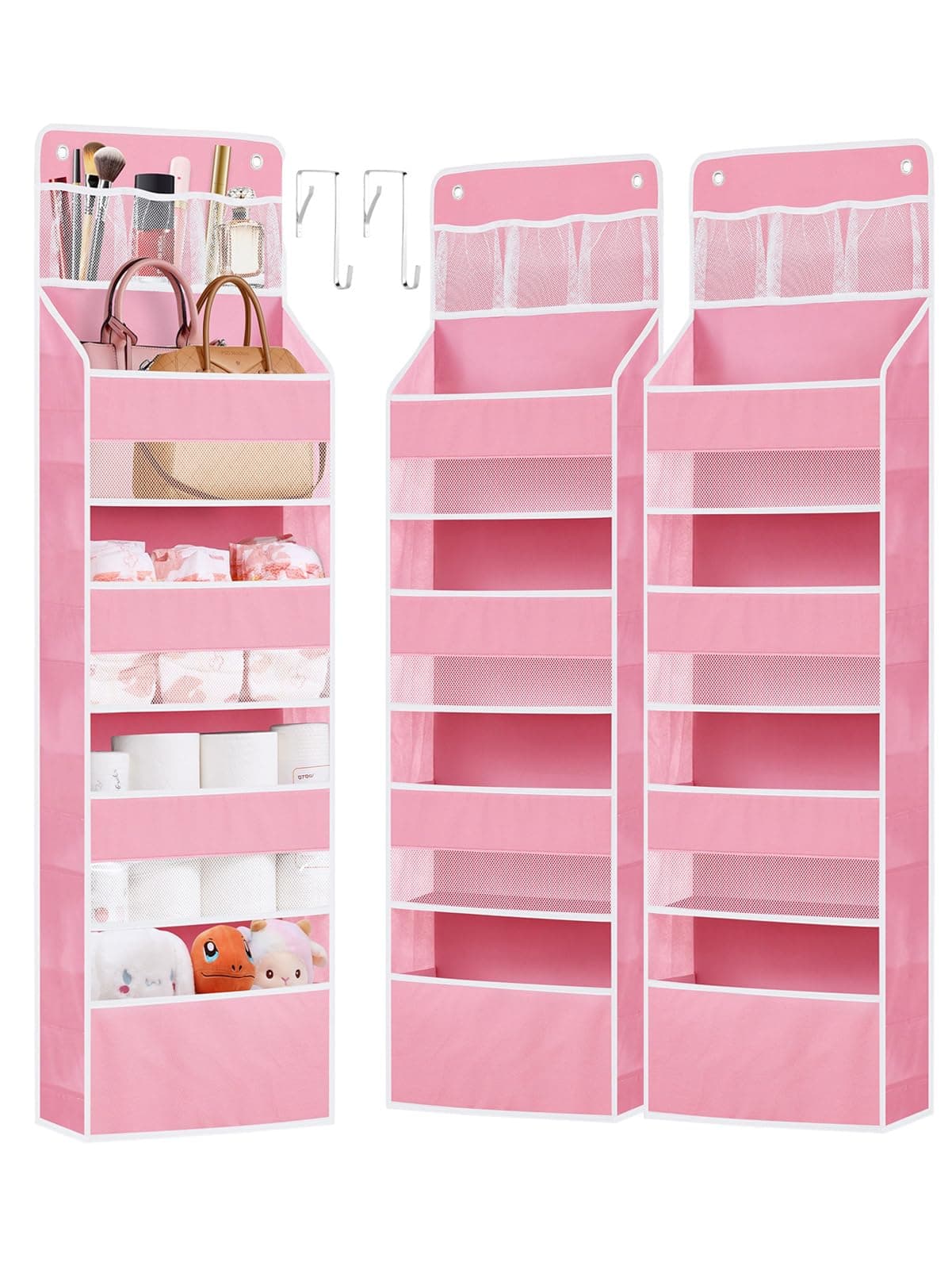 2 Pack Over The Door Organizer, Hanging Storage Organization with Large Capacity Pockets, Swing-Proof Behind Door Storage Shelf for Kicthen Bedroom Nursery Kids Toys Shoes,Pink