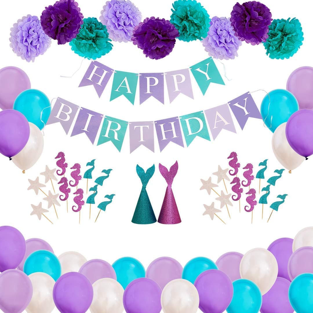 CGL Pool Mermaid Party Supplies Kit - Party Favors Girls Birthday Party Baby Shower - Banner, Pom Poms, Balloons, Cupcake Toppers and Party Hats 76 Pack