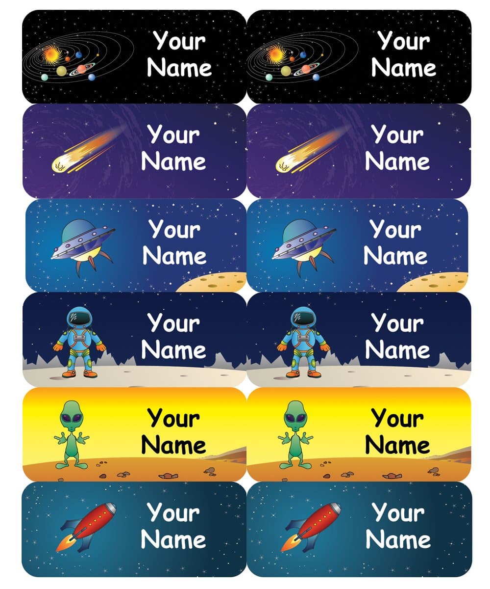 96 Personalised, Waterproof Medium Stick on Name Labels for kids (50x20mm) - Space Design - Ideal for School items - Water Bottles, Snack Boxes, Sports Gear, Musical Instruments etc. NOT suitable for Clothes.