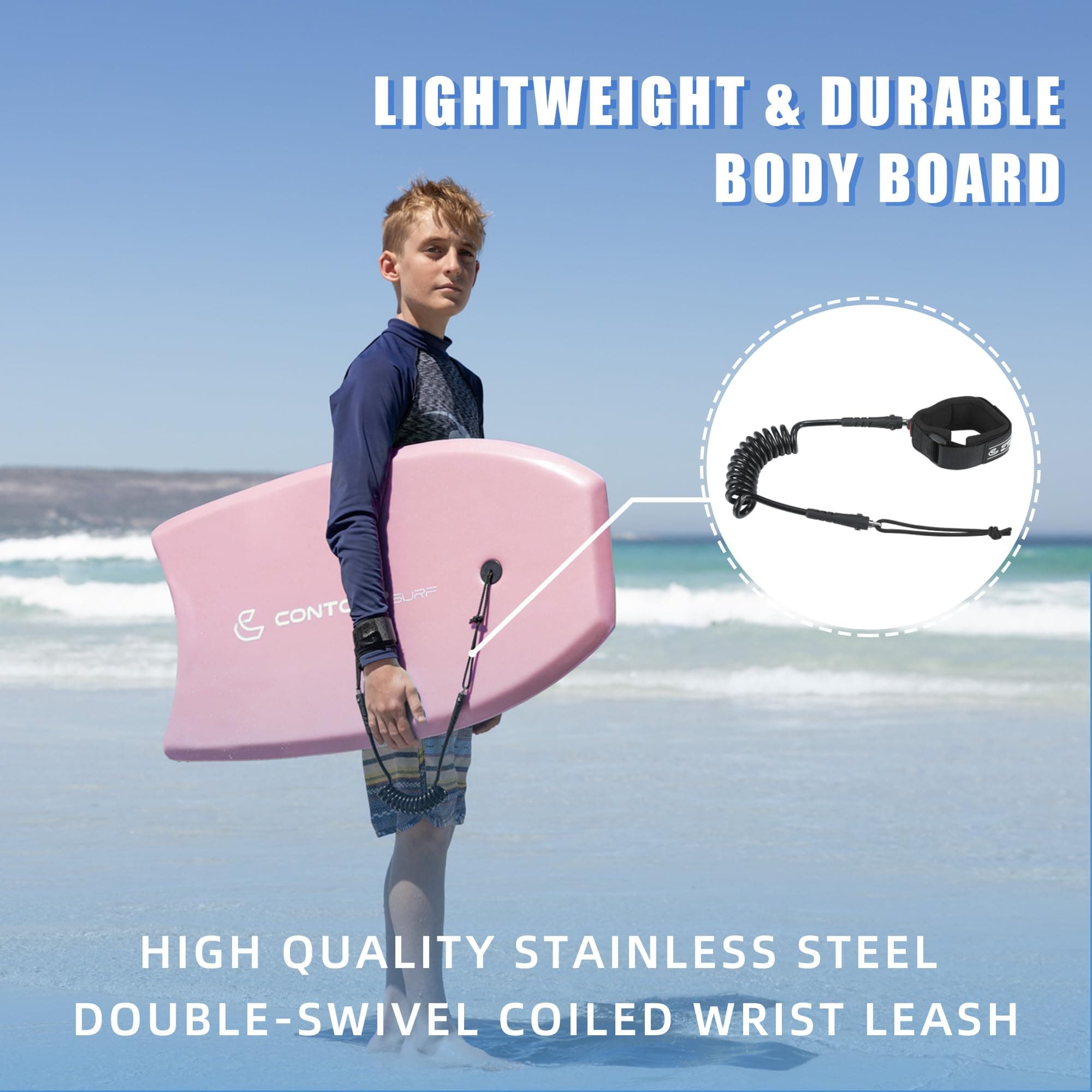 Contour SURF Reed Body Board 33 Inches Bodyboard Body Boards for Beach Kids Lightweight EPS Core Dual Channel Double Swivel Coiled Wrist Leash for All Surfing Levels Magenta