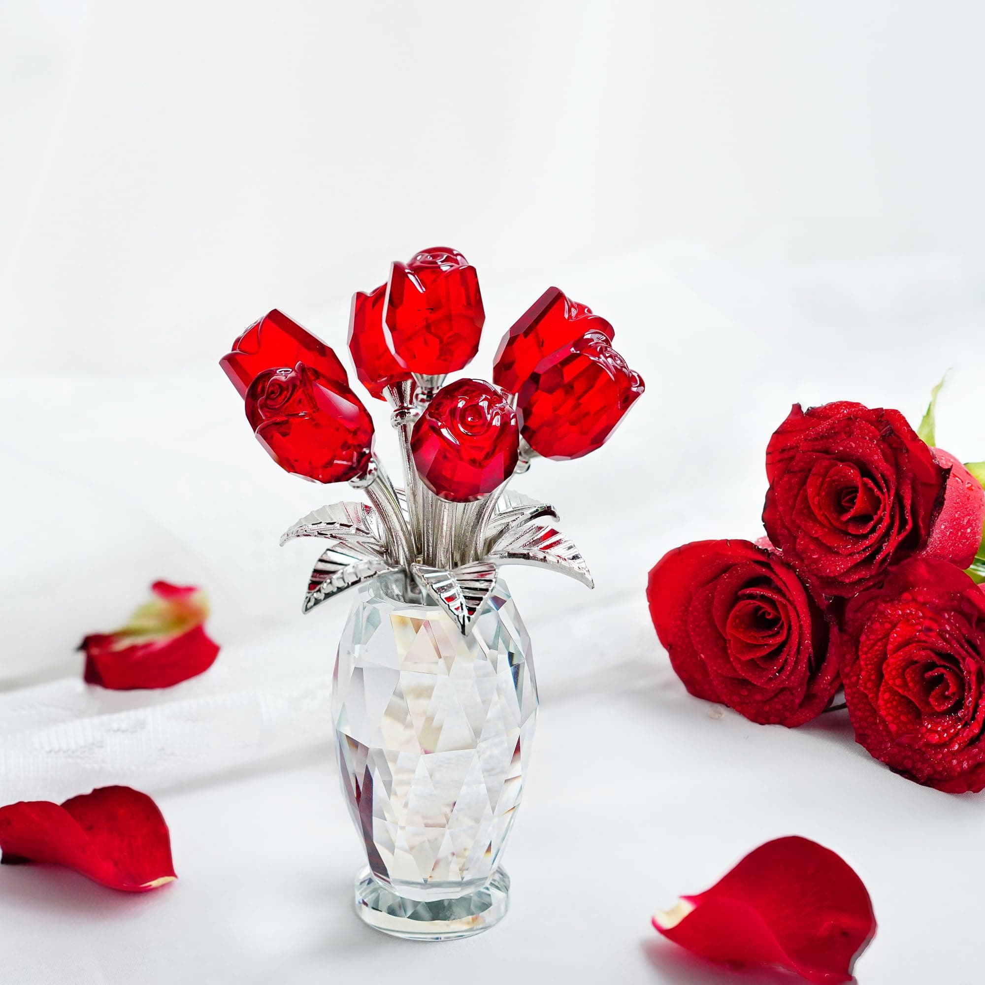 クリスタルローズフラワーフィギュア お母さんへのガラスフラワーギフト レッドクリスタルローズブーケ 置物オーナメント ギフトボックス付き ガラスローズフラワー 母の日 バレンタインデー クリスマス 記念日
