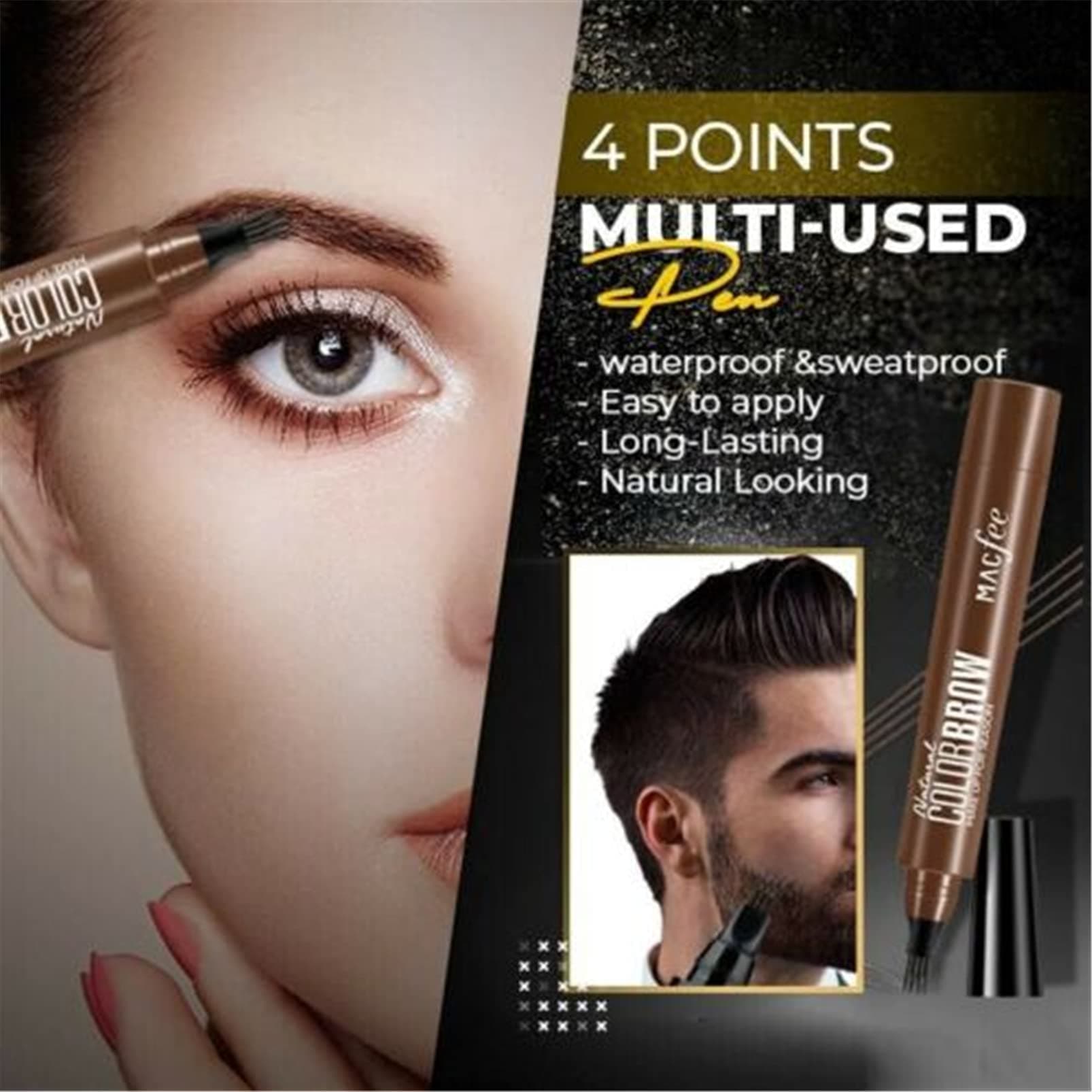 S-SNAIL-OO 4 Points Multi-Used Waterproof Eyebrow Beard Filling Pen Kit for Man Woman, 4 Points Eyebrow Pen/Beard Pencil Filler & Brush (Men, Black)