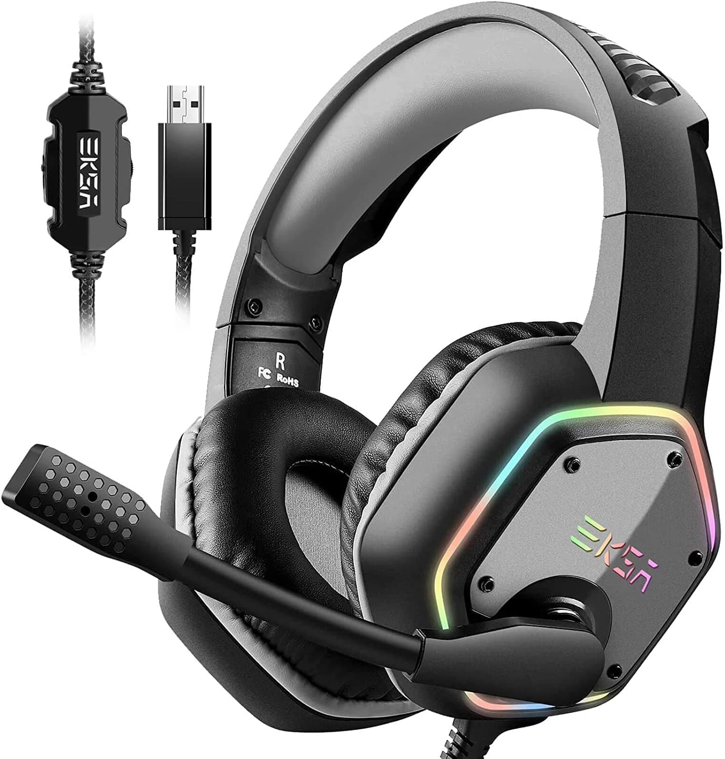 EKSA USB Gaming Headset for PC - Computer Headphones with 7.1 Surround Sound Stereo Noise Canceling Mic/Microphone RGB Light - Gaming Headphones for PS4/PS5 Console Laptop, Wired