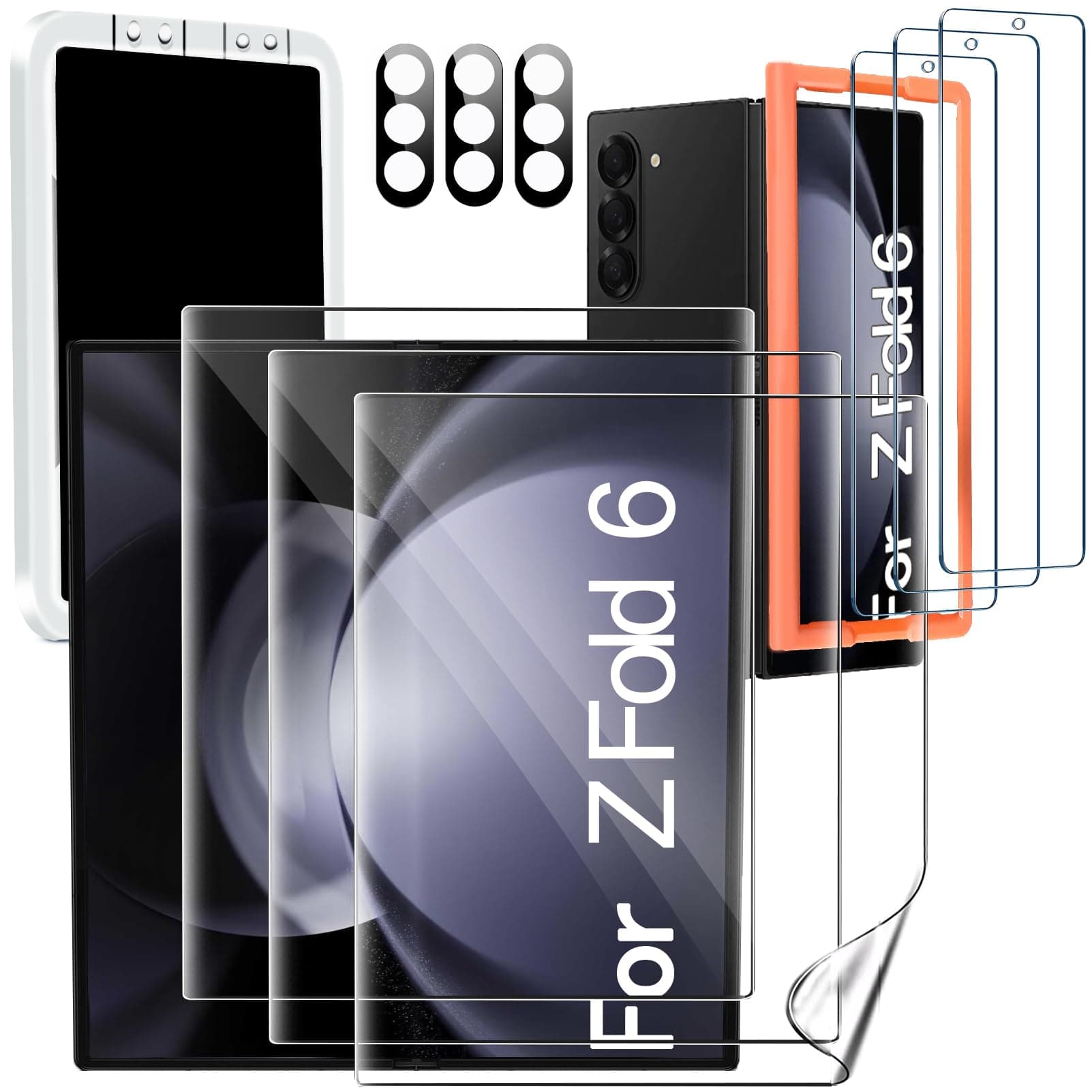 9 in 1 for Samsung Galaxy Z Fold 6 Screen Protector, 3 Inside Flexible Film + 3 Front Tempered Glass + 3 Camera Lens Protector Accessories with Installation Frame No bubbles