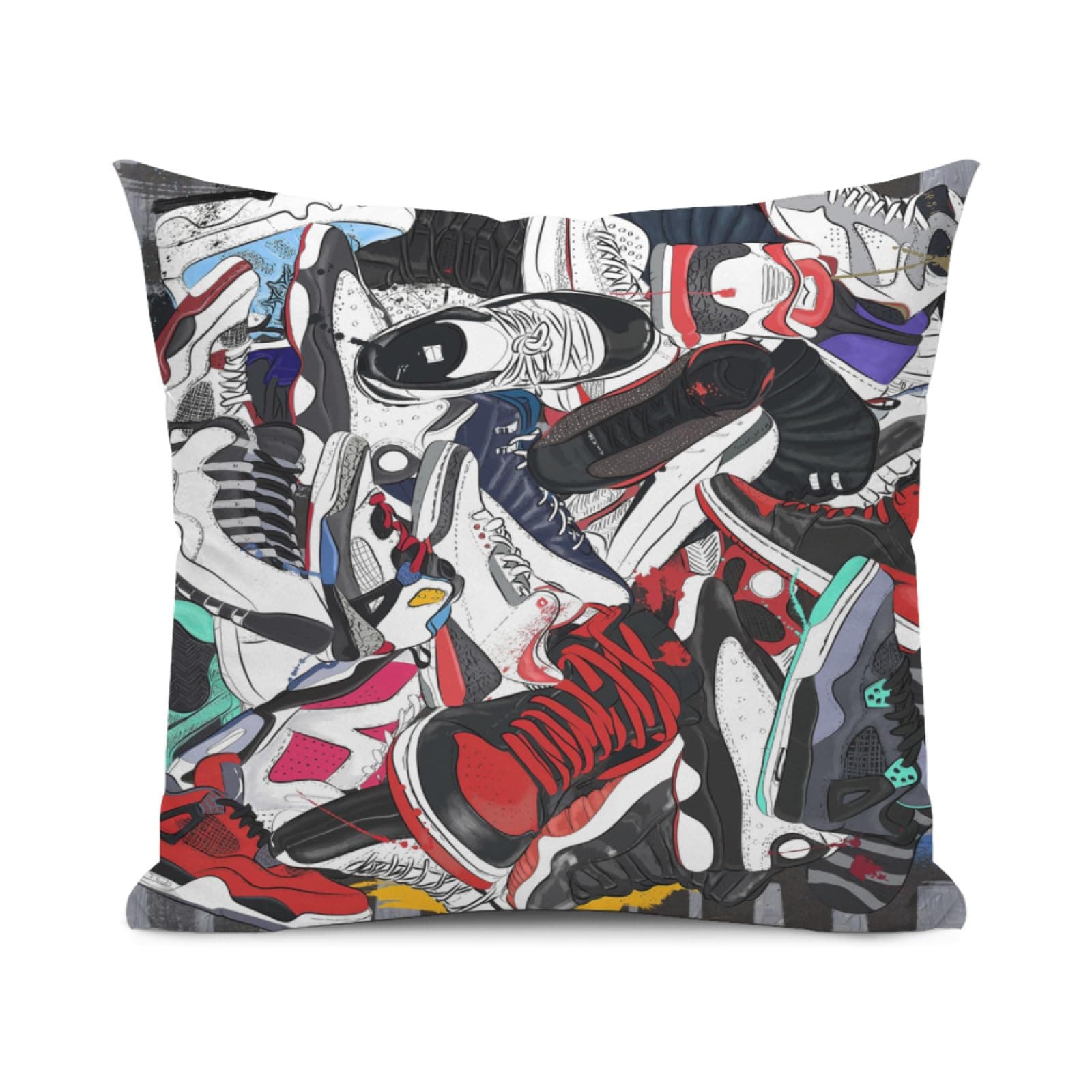 Retro Sneaker Pattern Throw Pillowcase with Hidden Zipper Cozy Soft Square Basketball Shoes Throw Pillow Covers for Couch Sofa Bed Living Room Home Decor 18 X 18 in