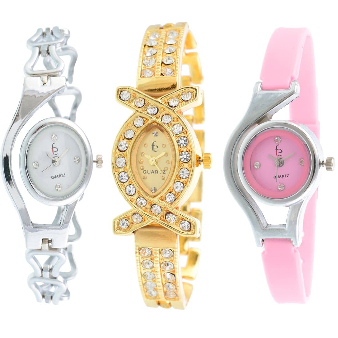 Freny Exim Analogue Girls' Watch (Silver, Gold & Pink Dial Silver, Golden & Pink Colored Strap) (Pack of 3)