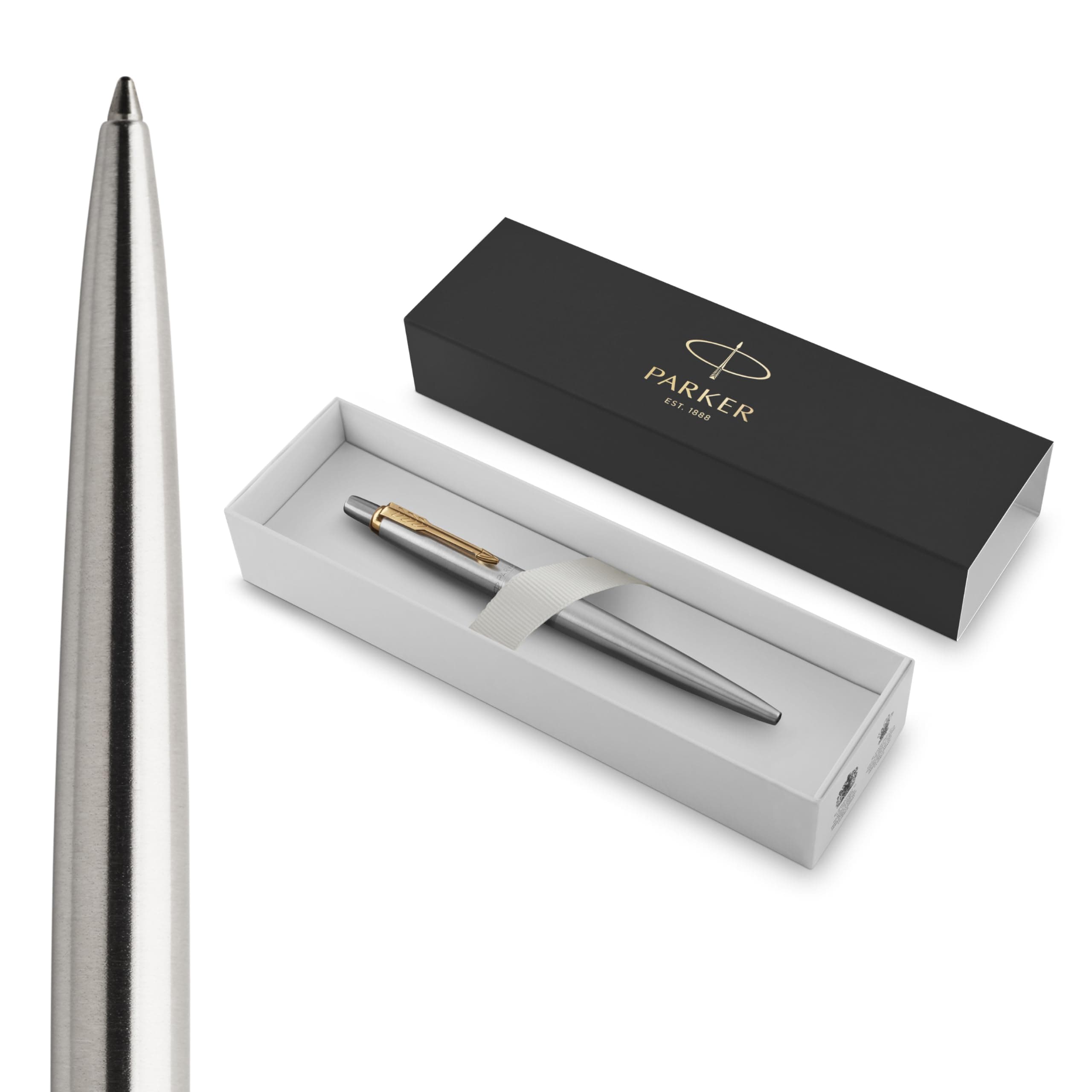 1953182 Jotter Ballpoint Pen, Stainless Steel with Chrome Trim, Medium Point, Blue Ink, Gift Box Steel and Gold