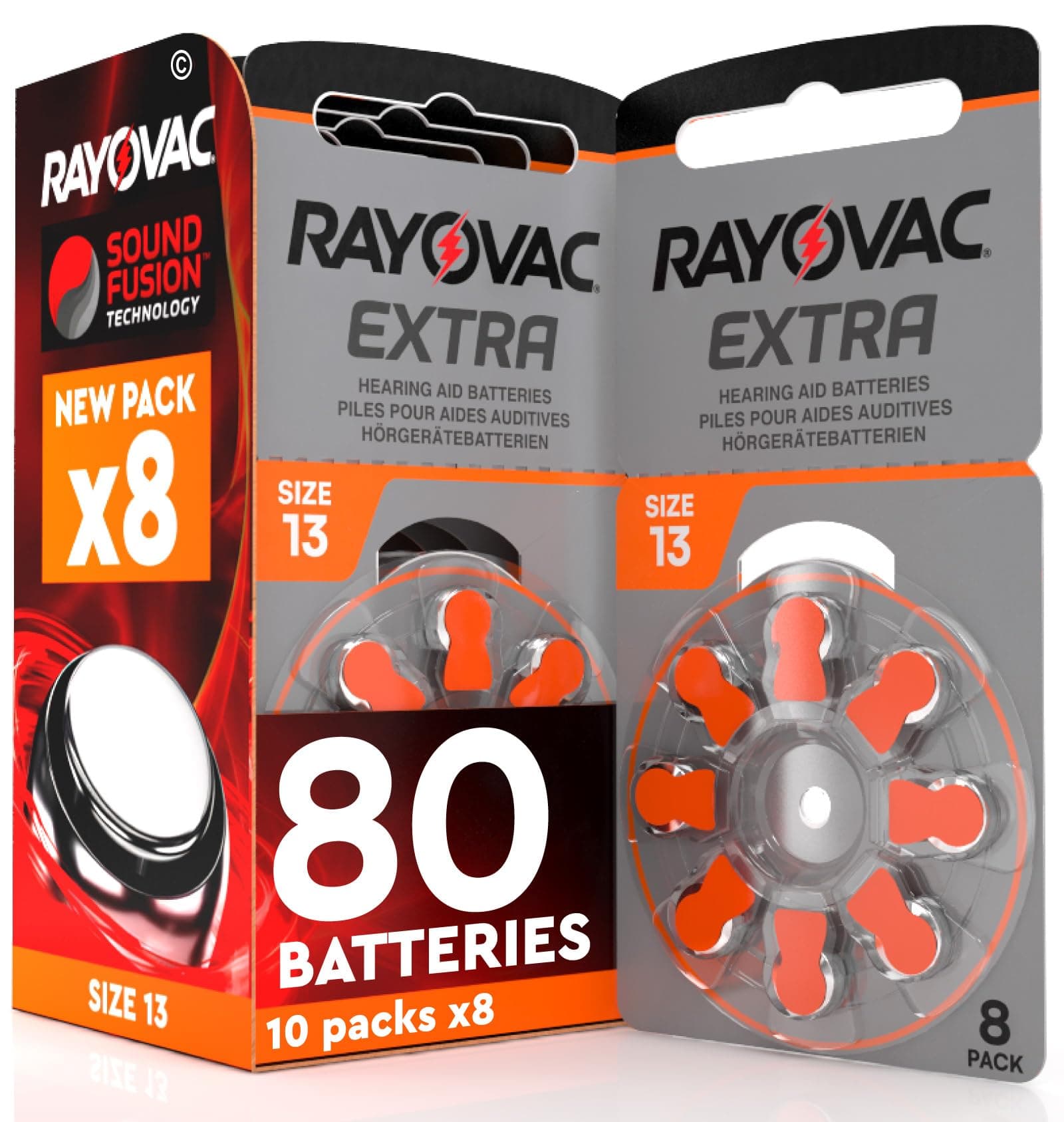 80 Hearing Aid Batteries 13. Rayovac Extra 10x8 Pack PR48 Orange