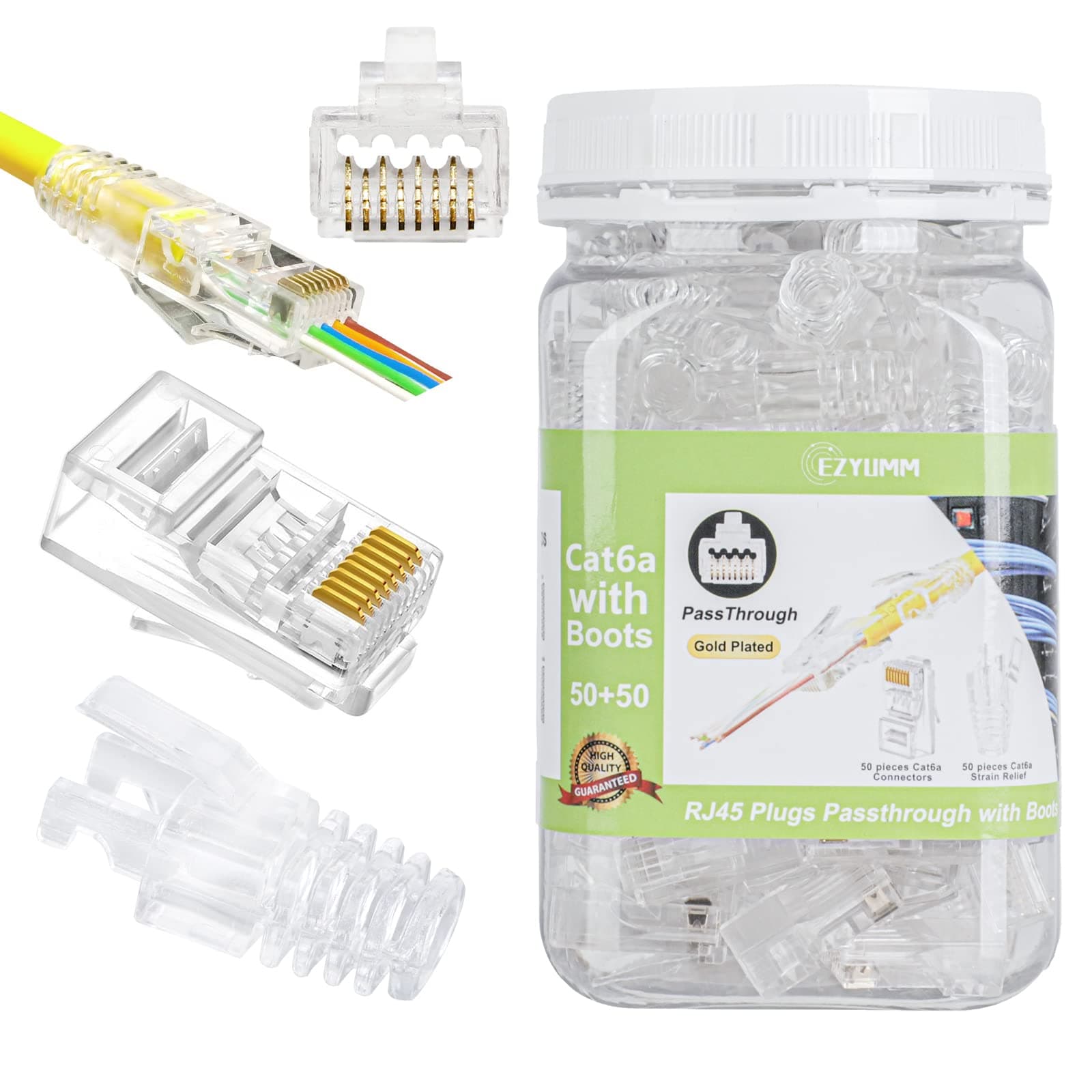 EZYUMM 50/50 RJ45 Connectors with Clear Boots for CAT6a 23 AWG UTP Cables - Pass Through CAT6 Cat 6a Ethernet Modular Connector Plug End with Strain Relief, ZYU006