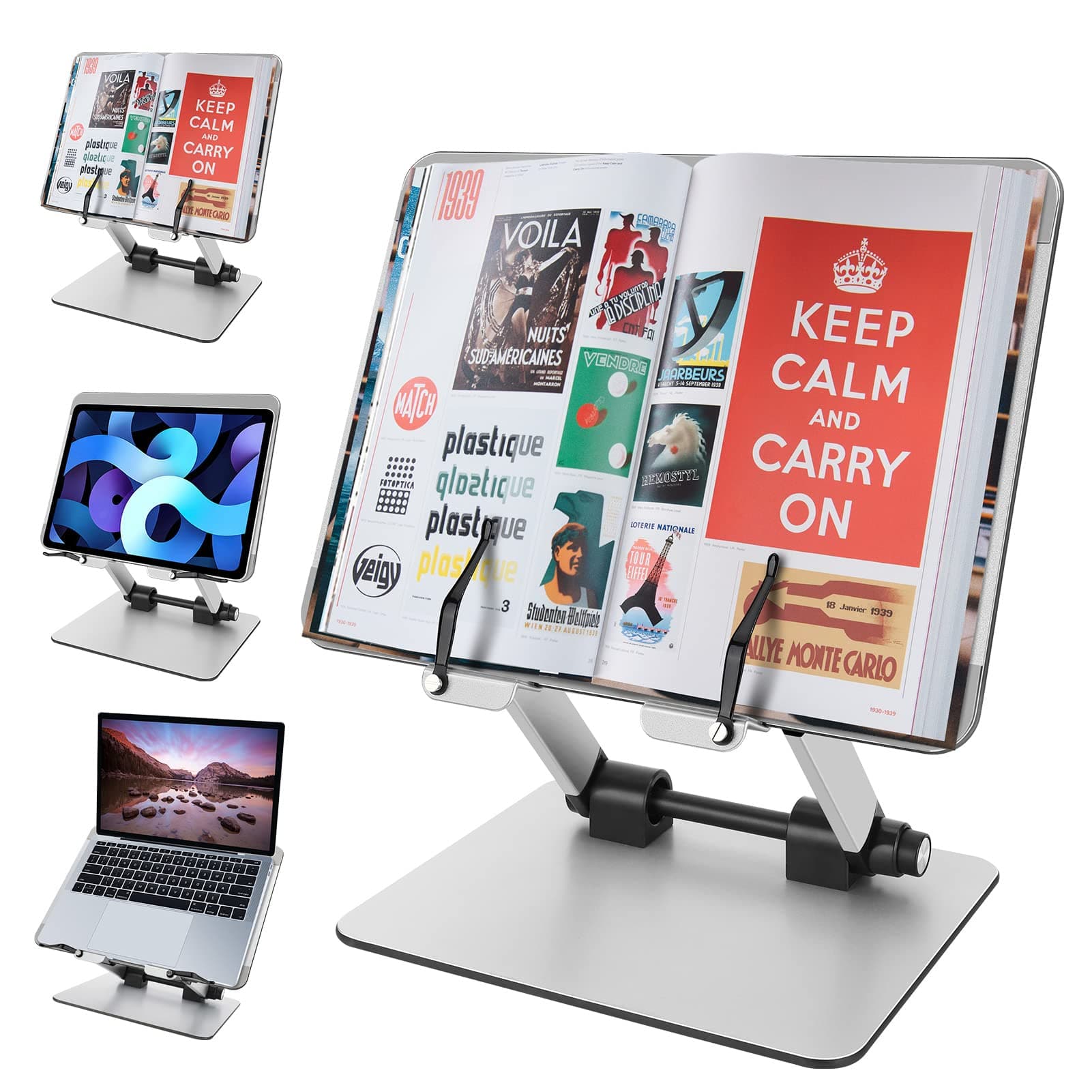 Grathia Book Stand for Reading, Adjustable Holder with Page Clips & Multi Heights Angles, Aluminum Ergonomic Desk Page Holder Foldable Cookbook Stands Holder for Textbook, Recipe, Tablet (14'')