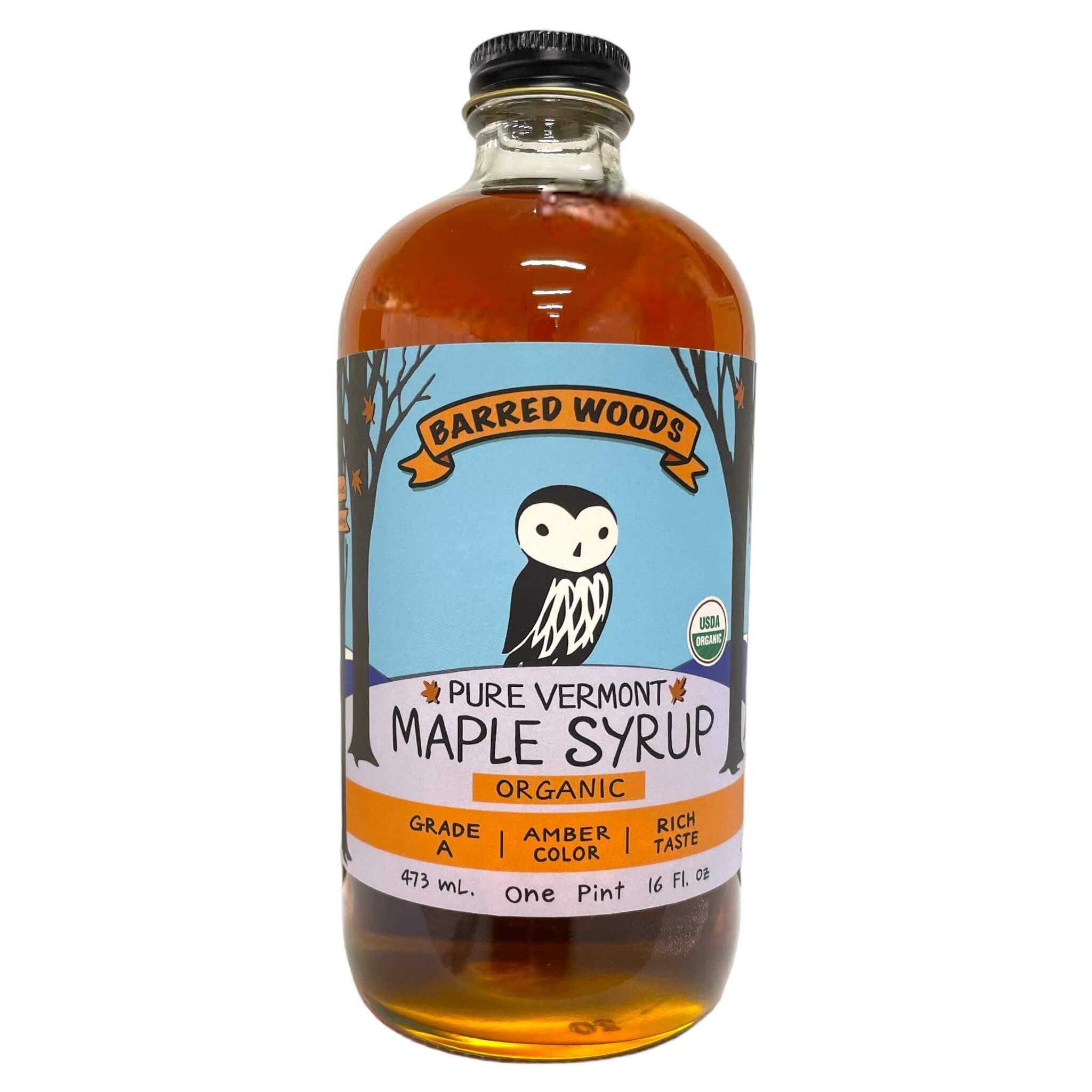 Organic Pure Vermont Maple Syrup in Glass Bottle - From Barred Woods Maple (Grade A Amber Rich, Pint (16 oz))