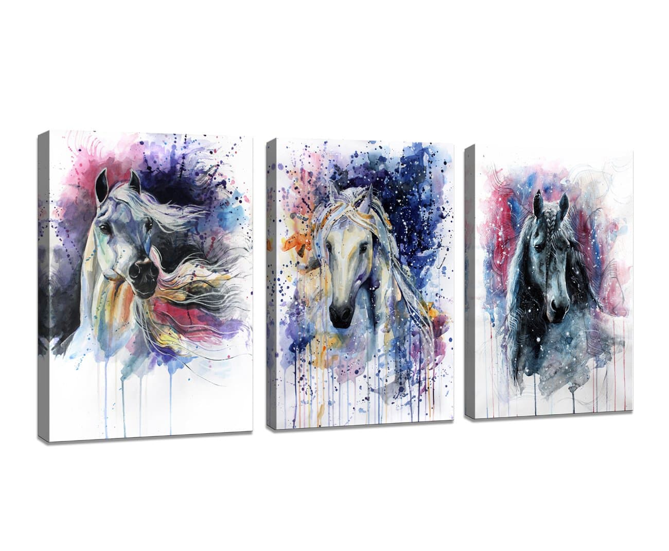 (3 Panels Horse) - D70234 Canvas Wall Art Horse Painting Prints on Canvas Framed Ready to Hang-3 Panels Watercolour Horses Prints Fine Art for Home Decor