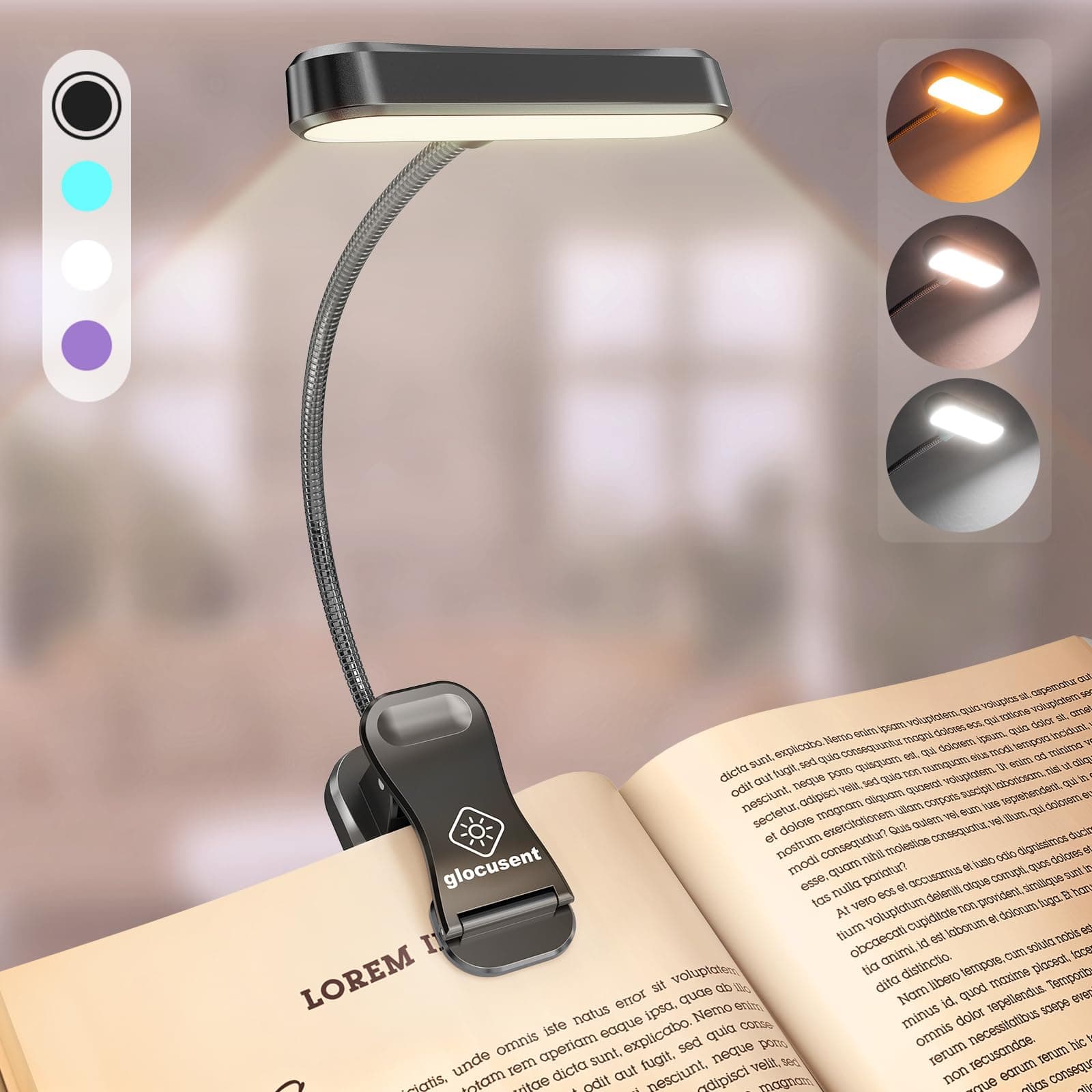 Glocusent Horizontal ET-Head Book Light for Reading in Bed, Eye Caring, CRI 95, 3 Colors & 5 Brightness, Rechargeable Long Lasting Reading Light, 1.4Oz Lightweight & Portable, Perfect for Book Lovers