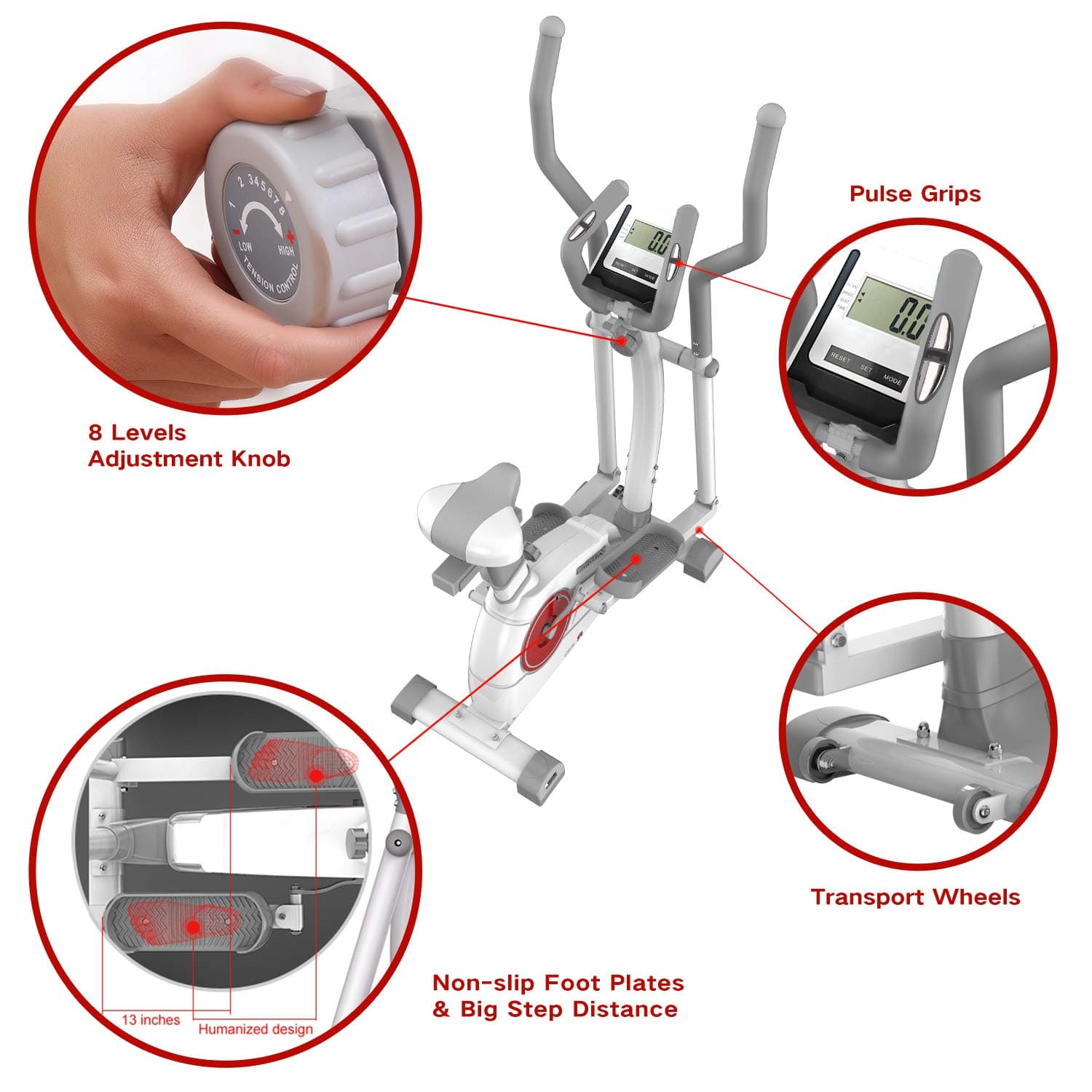 Elliptical Machine Trainer - Adjustable 8 Levels Resistance and Seats, with Digital Monitor and Pulse Rate Grips Magnetic Smooth Quiet Driven Elliptical Exercise Machine for Home Gym (White)
