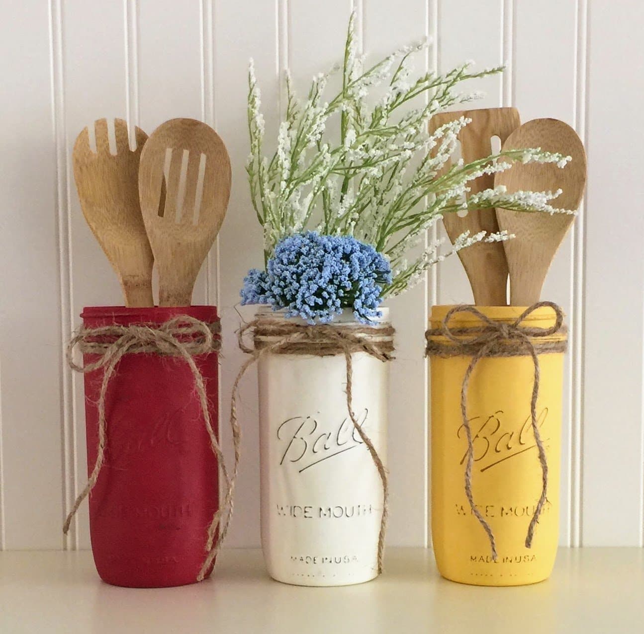 Mason Jar Utensil Holder Set - 3 Piece, Red, White, Yellow, Kitchen Decor