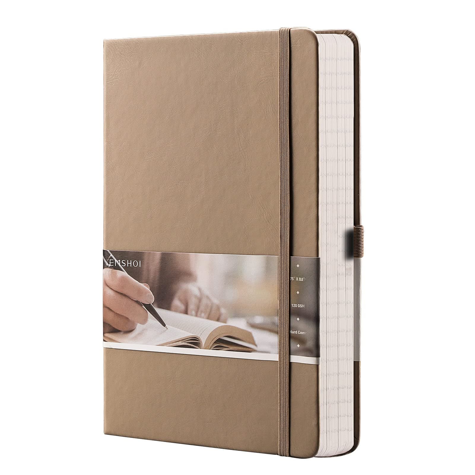 Lined Journaling Notebook - 120gsm Leather Journal with Sticky Notes & 256 Numbered Pages, A5 Hardcover College Ruled Notebook for Work, School, Writing, 5.75”x8.38” - Khaki