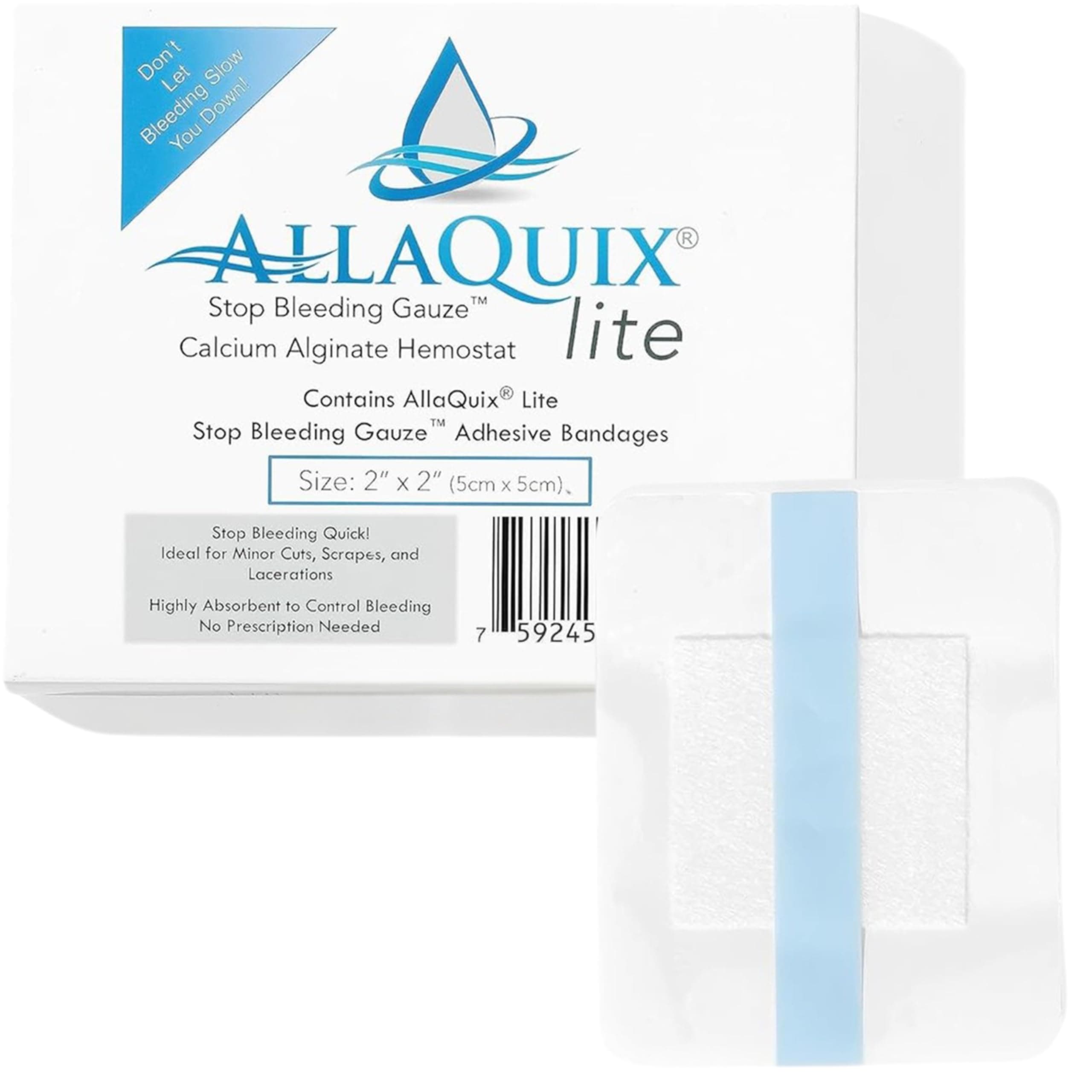 Stop Bleeding Fast – AllaQuix Lite Hemostatic Bandages 2" x 2" – Calcium Alginate Wound Dressing – Adhesive Bandage for Quick Clotting – Sterile, Non-Adherent – First Aid – 10 Pack