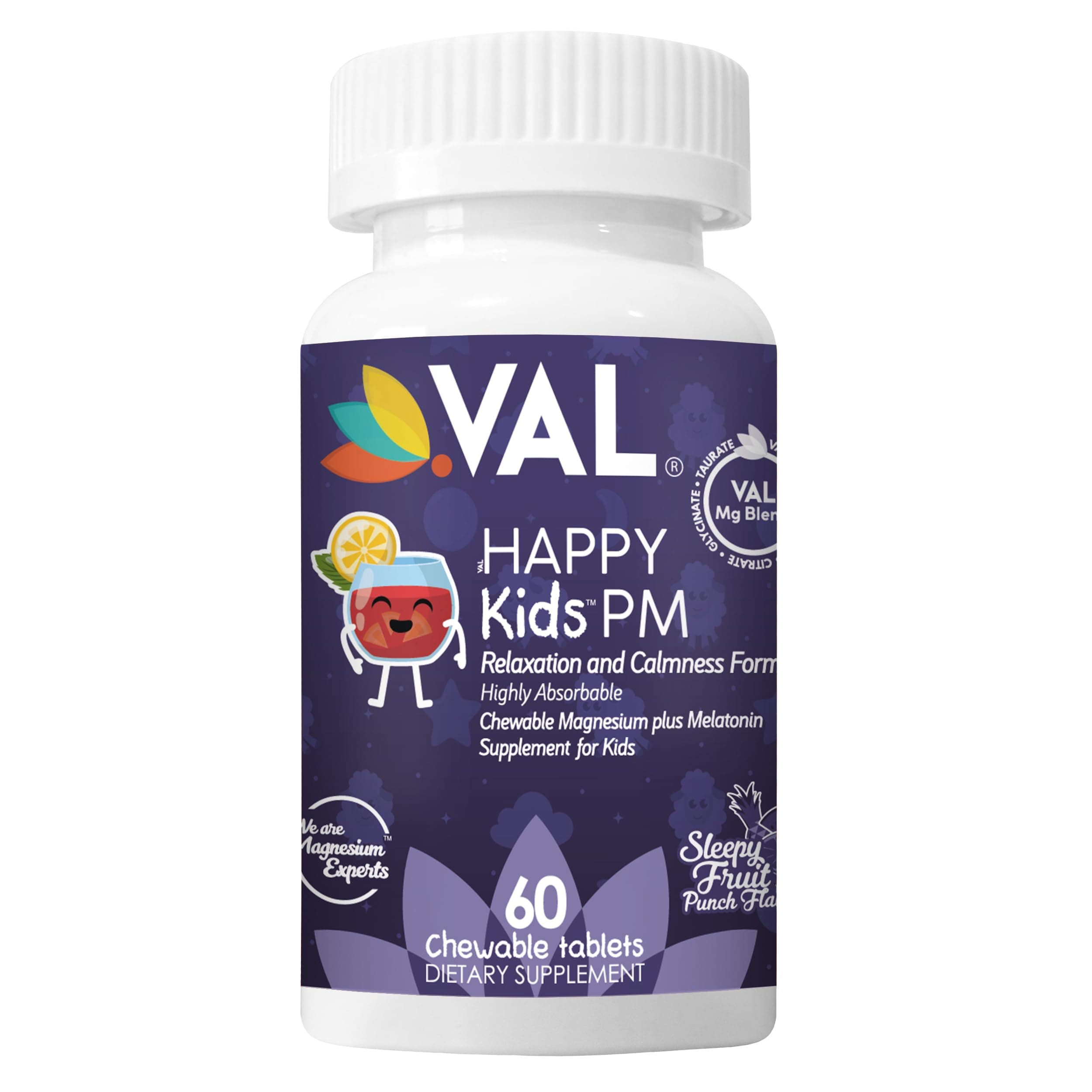 VAL Happy Kids PM – Sugar-Free Chewable Magnesium with Melatonin | Sleep Support for Children | Magnesium Glycinate + Citrate + Taurate | B6, C | Fruit Punch | 60 Tablets | Non-GMO
