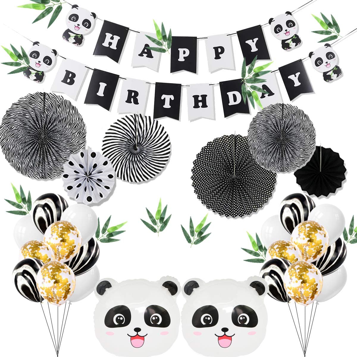Kids Birthday Party Decoration - Panda Party Supplies, Party Decoration Set including a Panda Happy Birthday Banner, 12 Letax Balloons, 6 Confetti Balloons, 2 Panda Shaped Balloons, 7 Paper Fans in Pandas' Color, 12 Bamboo Leaves, Perfect for Kids Birthday Party