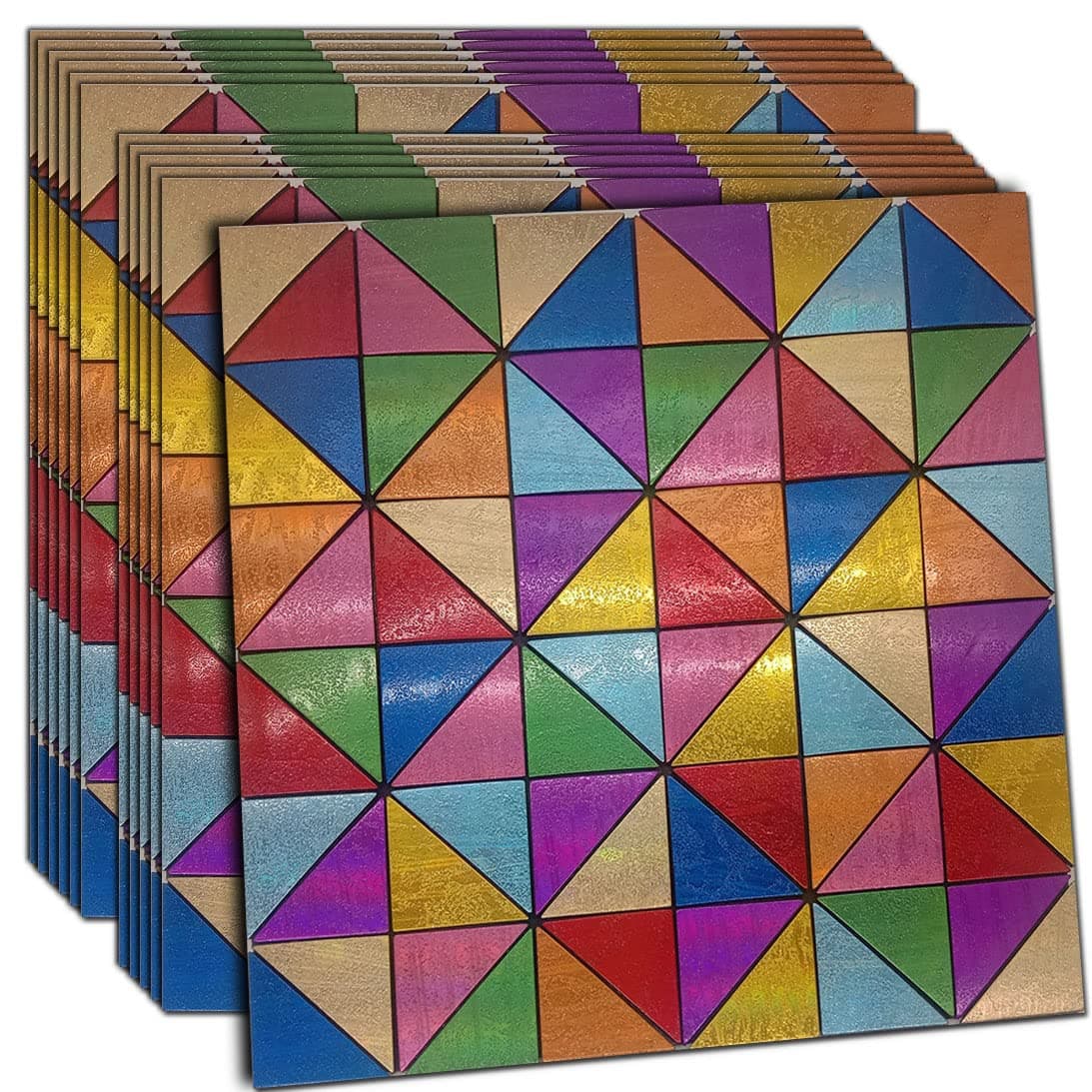 XUANINY 12-Sheet Peel and Stick Backsplash Tiles, Rainbow Triangle Aluminum Surface Metal Mosaic Sticker, Rainbow-Colored Wall Sticker for Living Room, RV,Bar (11.81"x11.81") (12, Rainbow Colored)