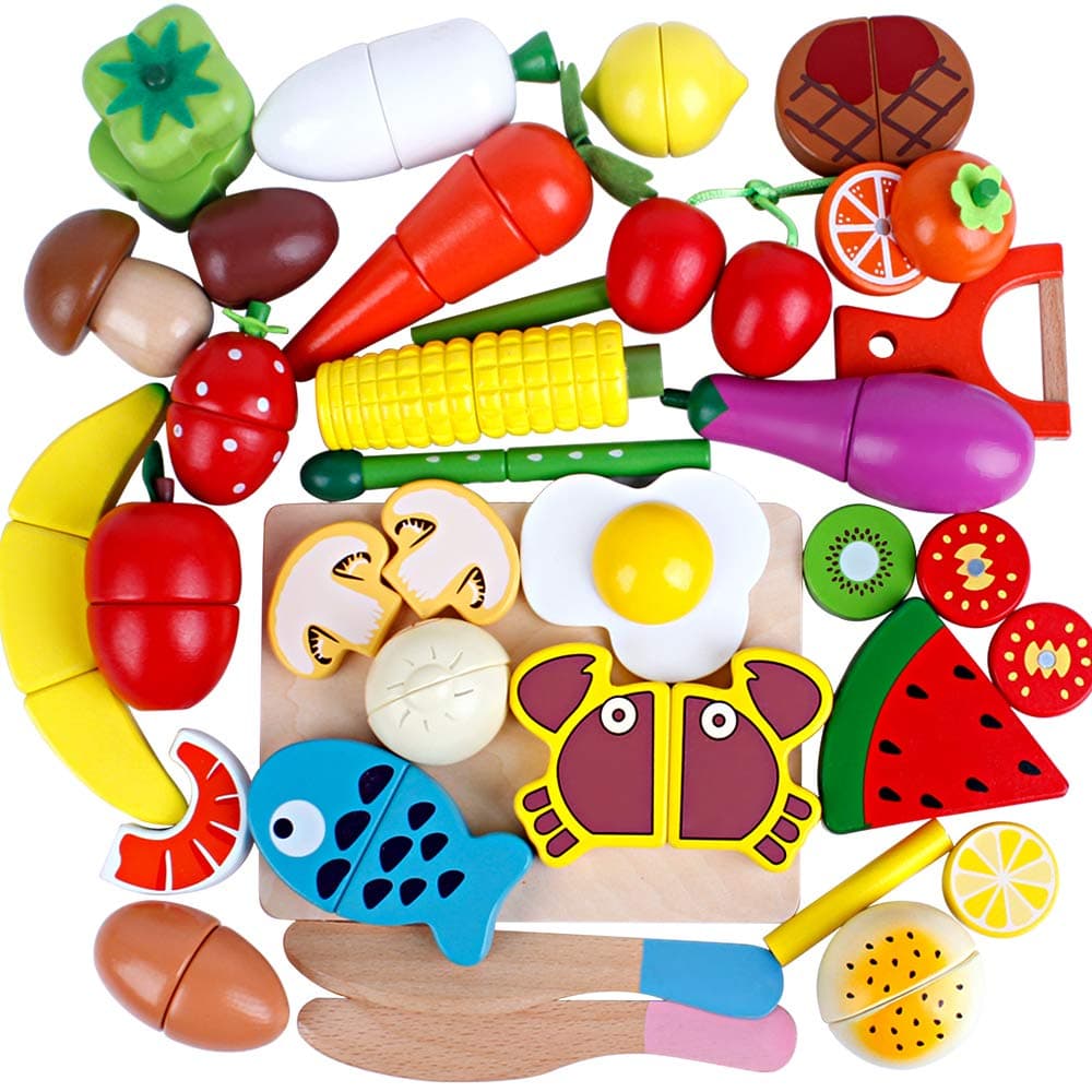 32Pieces Play Food Toys Set Wooden Magnetic Fruits and Vegetables Cutting Kids Play Kitchen Accessories Kit for Toddlers Boys and Girls