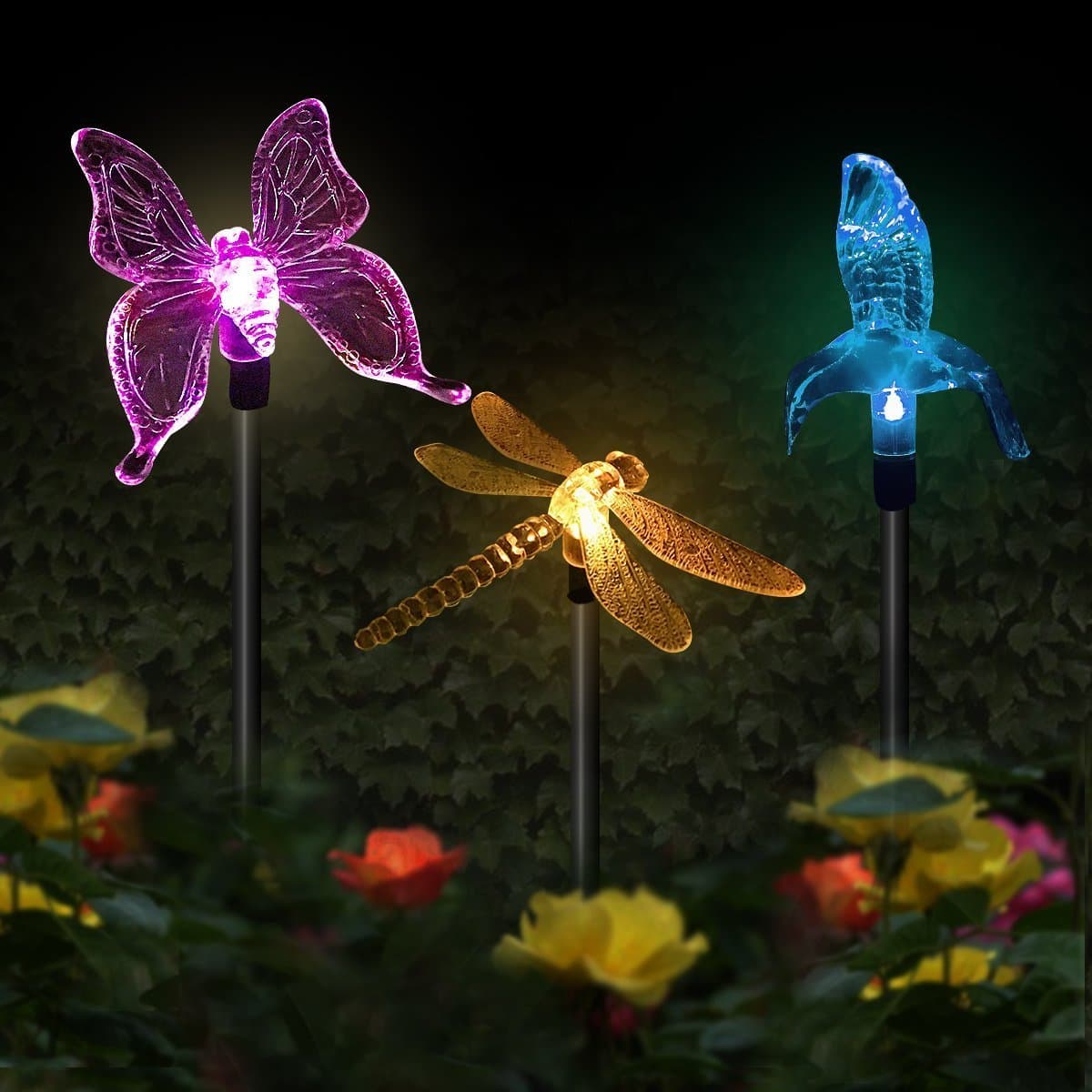 Solar Garden Stake Lights Hummingbird, Butterfly, Dragonfly Garden Lights Color Changing LED Wireless Solar Light 3PC Decor for Fence, Yard, Gardens, Flowerbed
