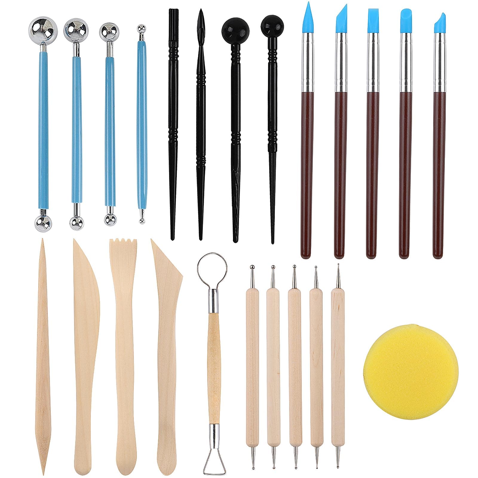 RUBFAC Polymer Clay Tools, Clay Tools Kit, 24pcs Clay Sculpting Tools Set with Stylus and Rock Painting Kit - Air Dry Clay Modeling for Pottery and Sculpture