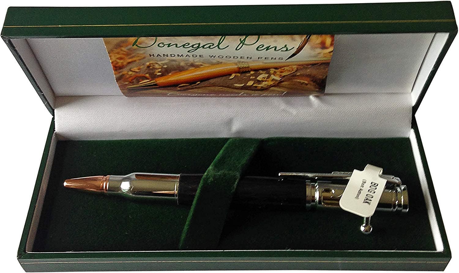 Donegal Pens Handcrafted Wooden Refillable Ballpoint Pen- Made in Ireland with Ancient Irish Bog Oak Wood and Enhanced with Silver Trim and Rose Gold Tip. Bolt Action Design.