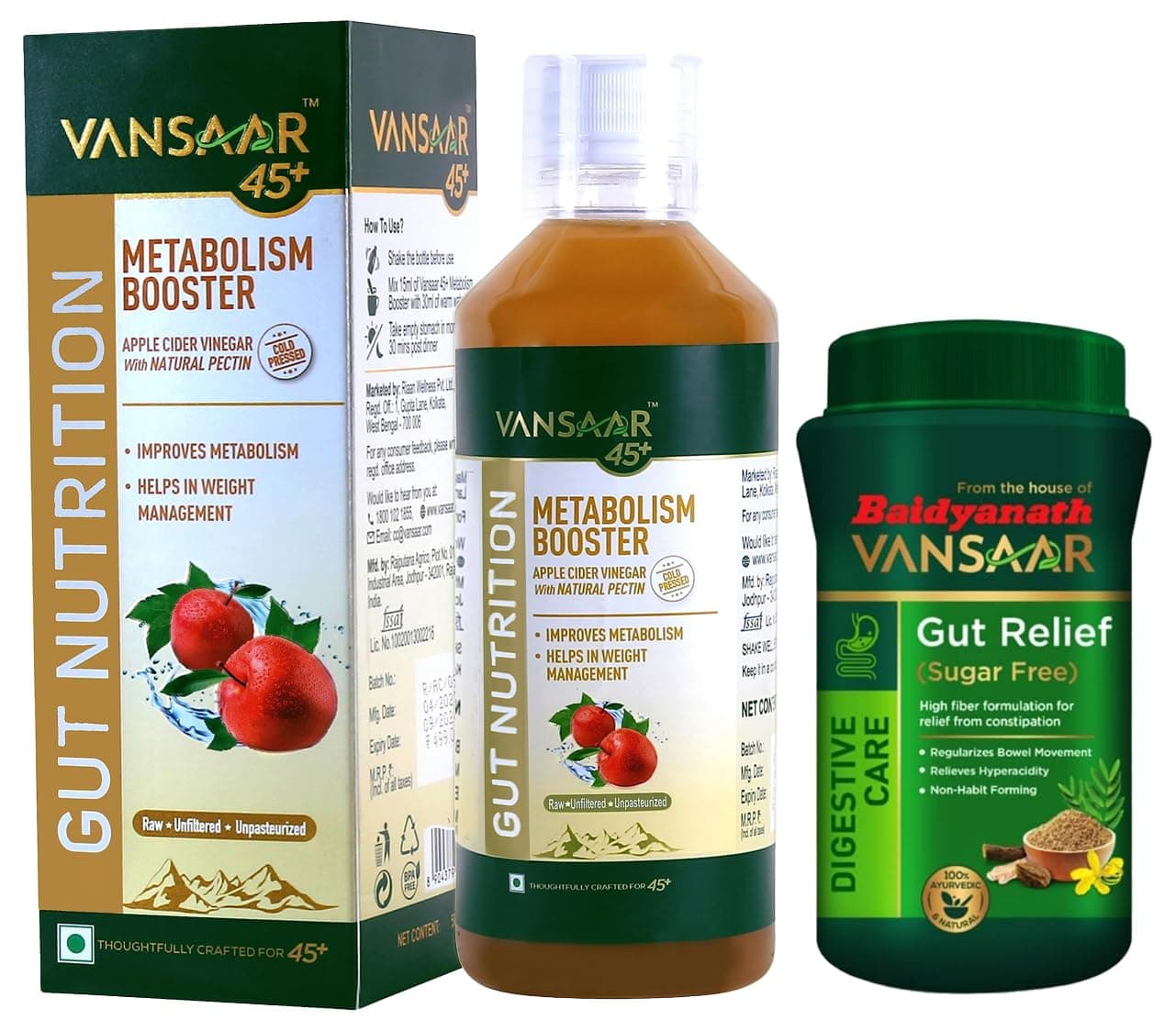 Vansaar 45 + Metabolism Booster 500 ml & Vansaar Gut Relief (Sugar free) - 100g COMBO