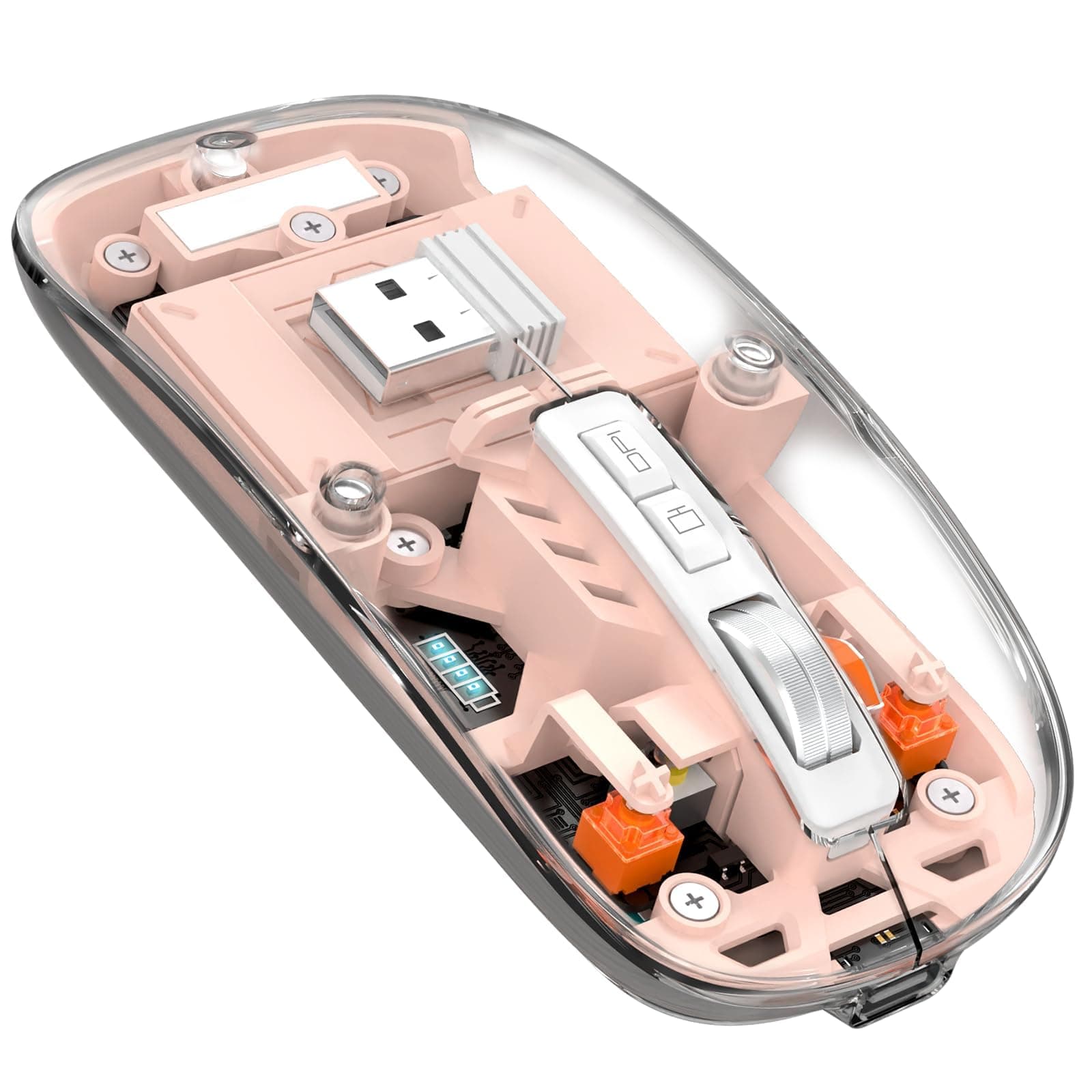 XVersion Wireless Bluetooth Mouse, Slim Transparent Dual Mode (Bluetooth 5.1 + USB 2.4Ghz) Rechargable mice with USB Reciever, Universal adaptability - Light Pink, Transparent