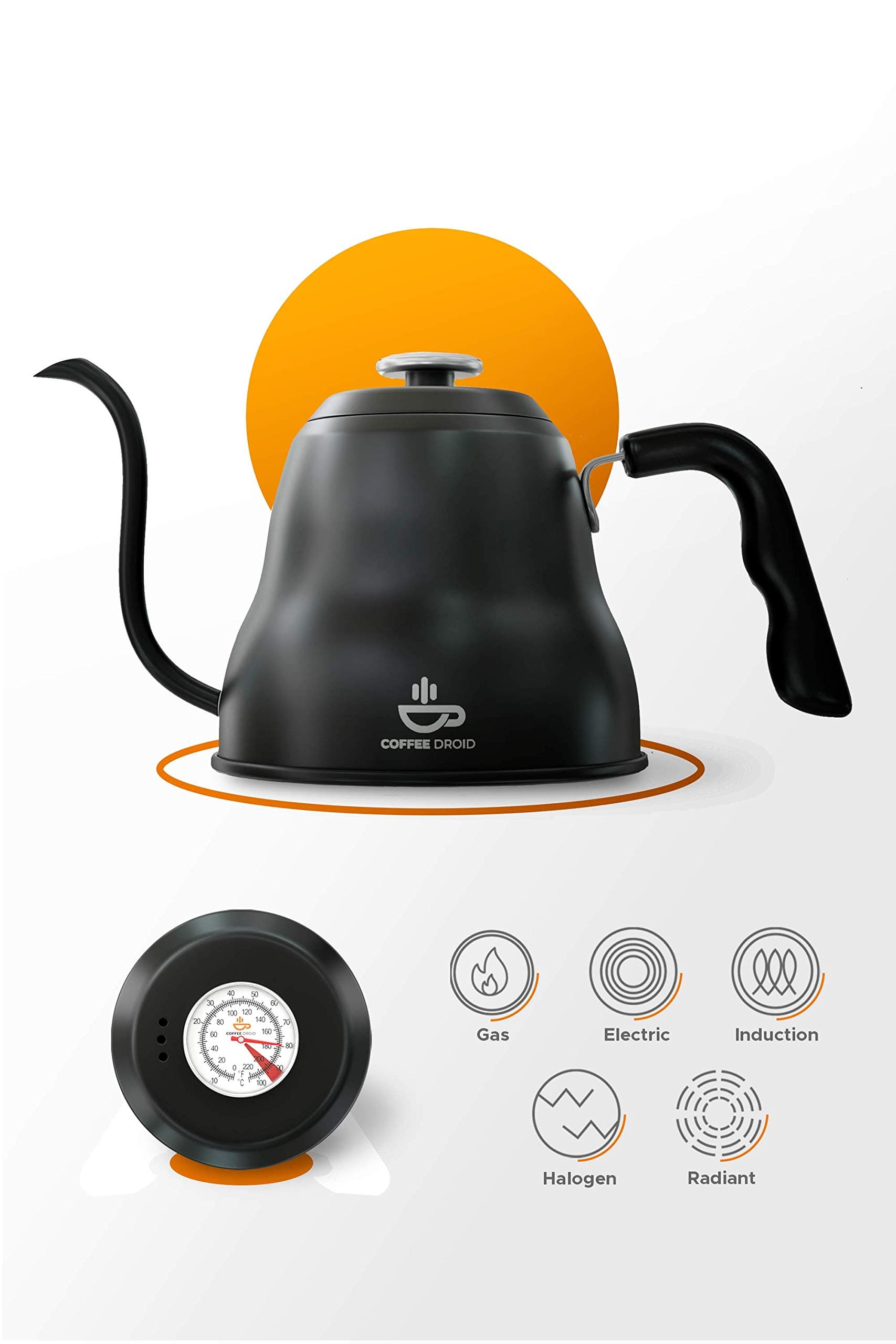 Gooseneck Pour Over Coffee Kettle 1.2 Liter | Precise Thermometer | Suitable All Stovetops | Premium Quality Triple Layered Stainless Steel Base | Perfect Hand Drip Temperature Dial | Coffee Droid