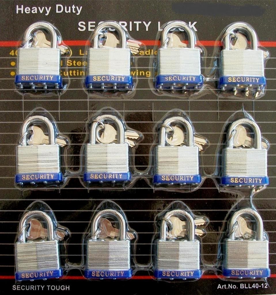Premium Heavy Duty 40mm Laminated Padlocks Keyed Alike Commercial Grade, Hardened Shackle, Set of 12
