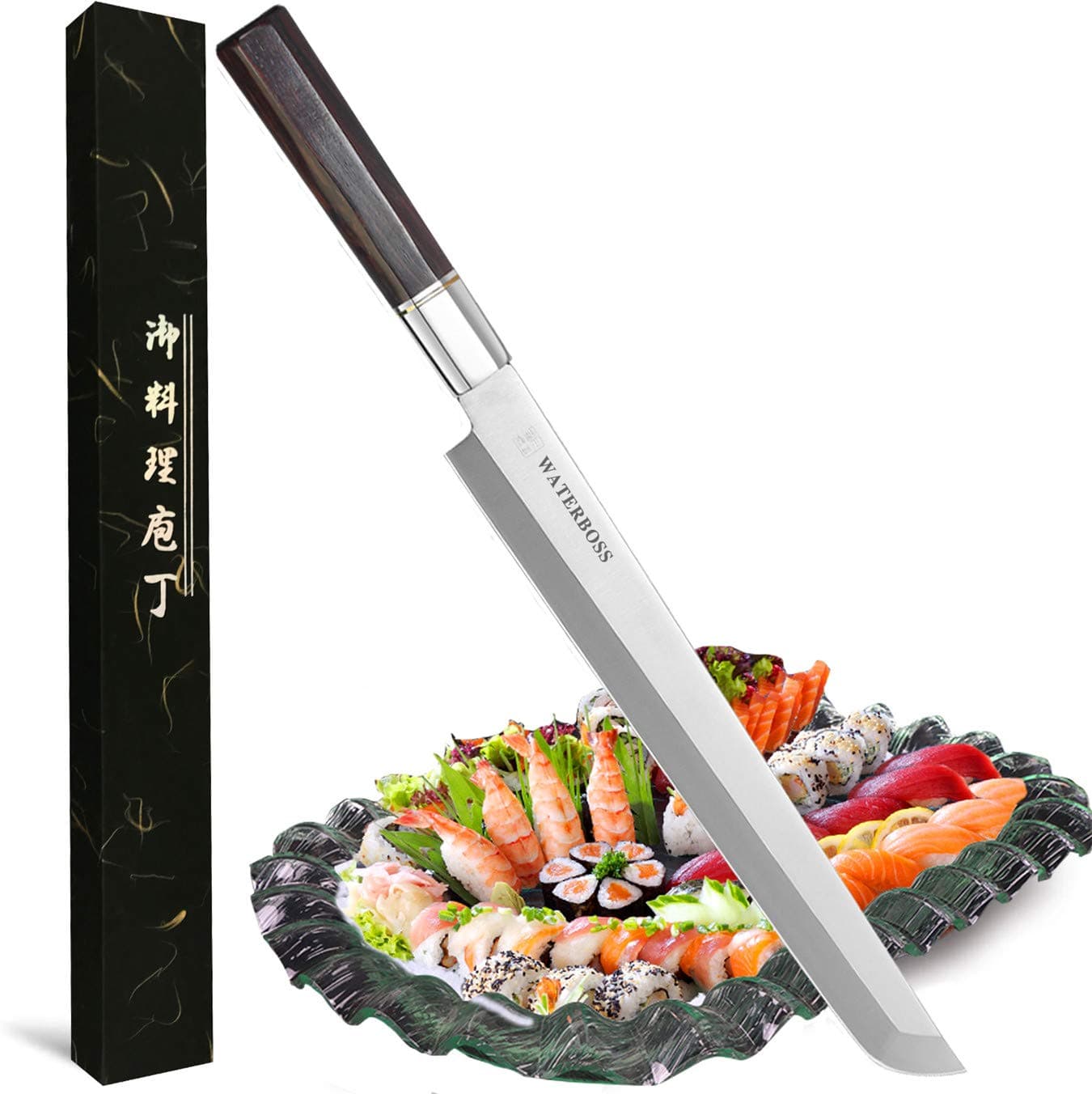 LIUZHANGYU Waterboss, 10.6 Inch/27cm Sakimaru Japanese Sushi Chef Knife, Salmon Slicer, 7Cr17mov Stainless Steel Sashimi Yanagiba, Octagon Handle With Ebony Wood