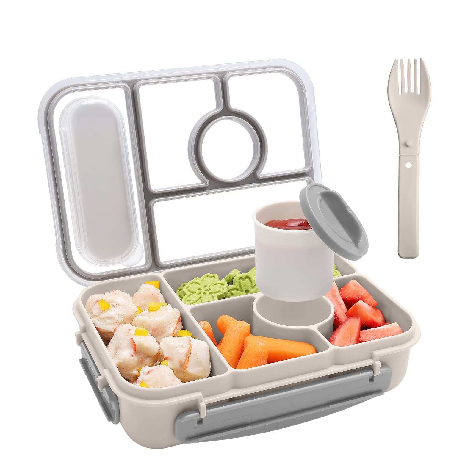 Amathley Bento Box Adult Lunch Box Kids,Lunch Containers for Adults/Kids/Toddler,5 Compartments Bento Lunch Box with Sauce Vontainers,Microwave & Dishwasher & Freezer Safe,BPA-Free(White)