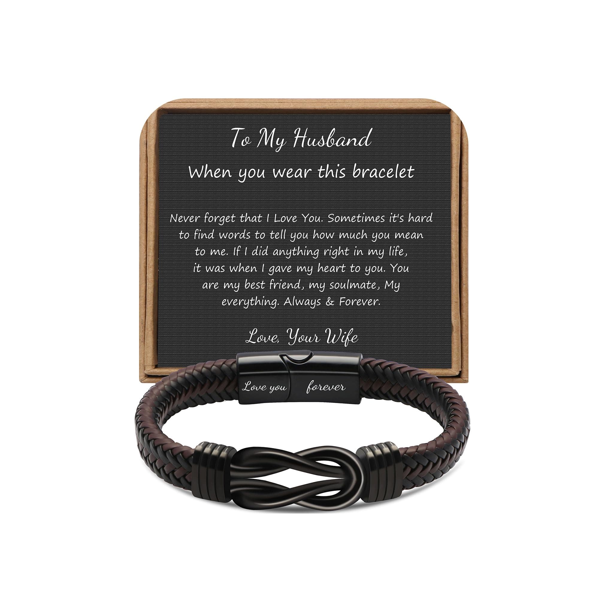 𝗞𝗻𝗼𝘁 𝗕𝗿𝗮𝗰𝗲𝗹𝗲𝘁 𝗚𝗶𝗳𝘁𝘀 𝗳𝗼𝗿 𝗠𝗲𝗻 Brown Braided Leather Stainless Steel Infinity Bracelets Lettering Love You Forever Gifts for Son Grandson Husband Boyfriend Brother Always Linked Together