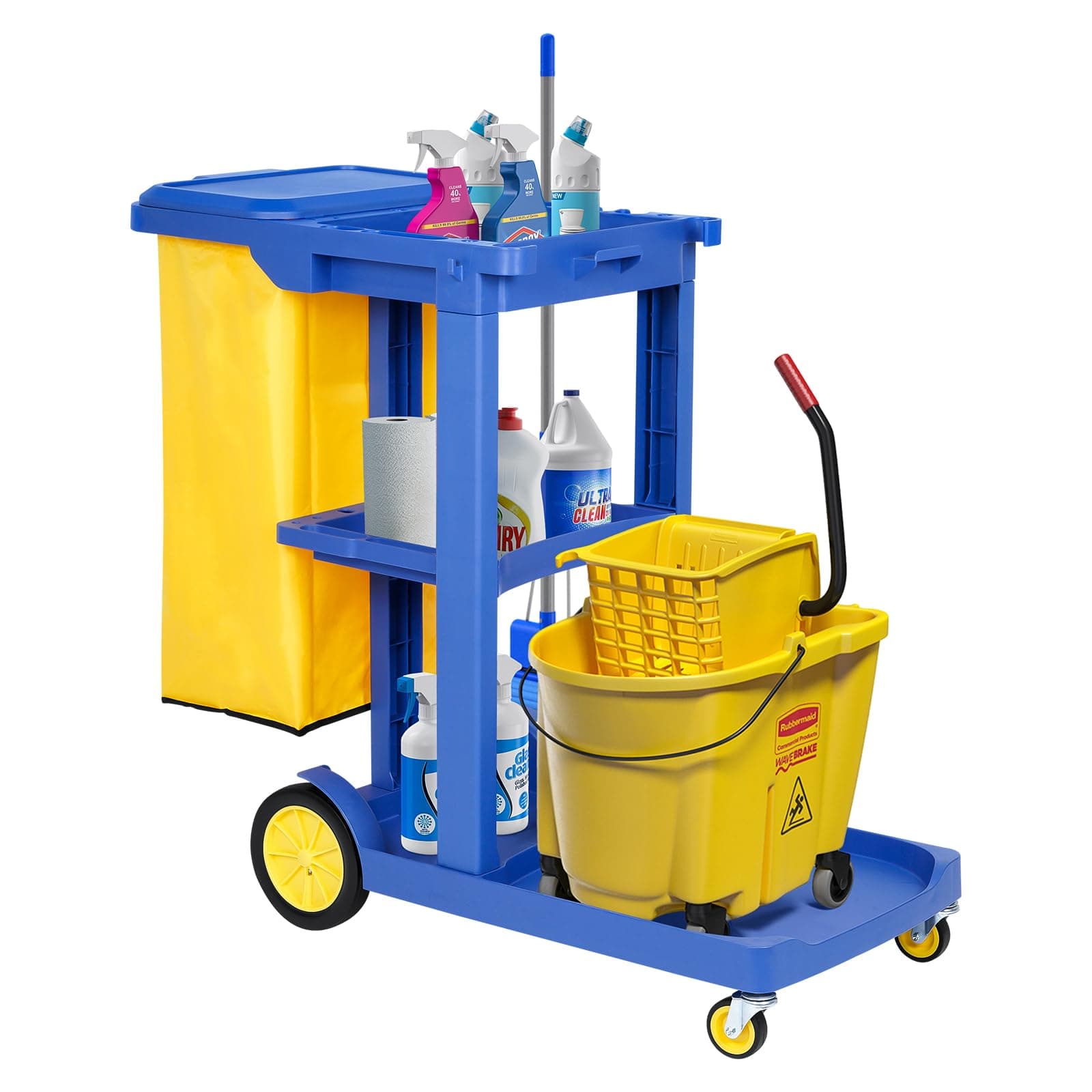 bimiti Janitorial Trolley Janitor-Housekeeping Cart on Wheels Cleaning Trolley with Vinyl Bag Lid Heavy Duty Commercial 3-Tier Janitorial Cart on Wheels for Hotel Service Shopping Centres Office