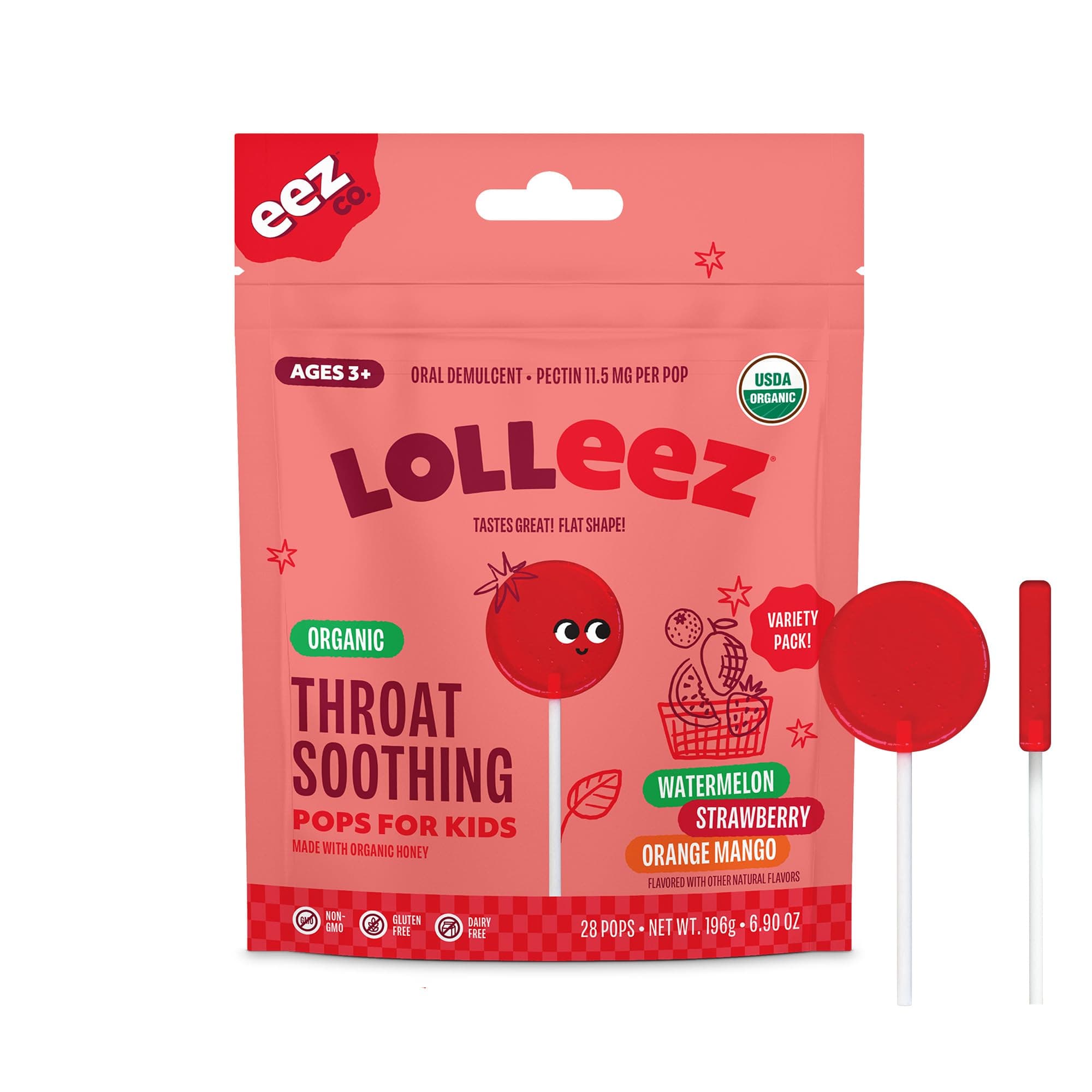 Organic Lollipops for Kids Sore Throat Relief, Variety Pack Perfect for Soothing A Sore Throat While Tasting Great, Strawberry, Watermelon & Orange Mango, 28 Count