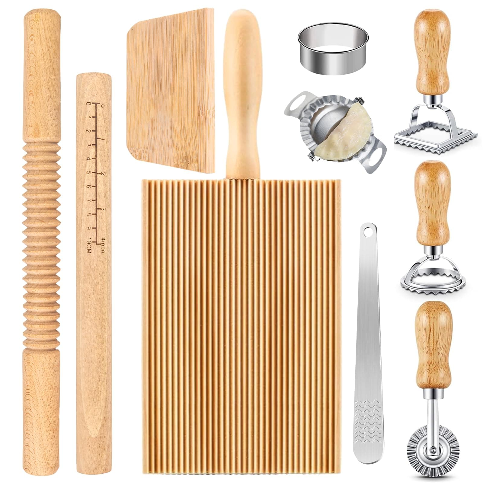 Set of 10 Pasta Making Tools, Pierogi Maker Set, Includes: 1 Rolling Pin, 1 Dough Scraper, 1 Gnocchi Board, 1 Pierogi Maker, 1 Ravioli Rolling Pin and 5 Ravioli Stamp Maker Cutter for Kitchen Gift