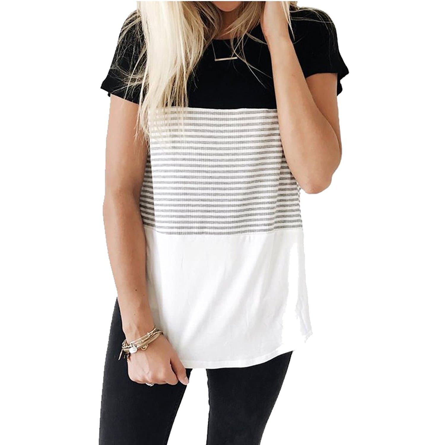 Euaoxnc Lifenee1 Womens Short Sleeve Round Neck Color Block Striped T-Shirt Tops Blouse (XX-Large, Black1)