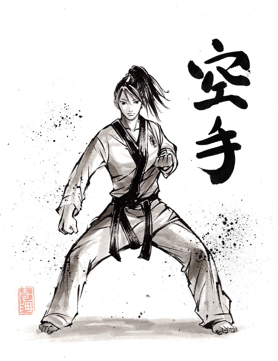 PRINT 8x10" Karate Girl Ink with Calligraphy KARATE