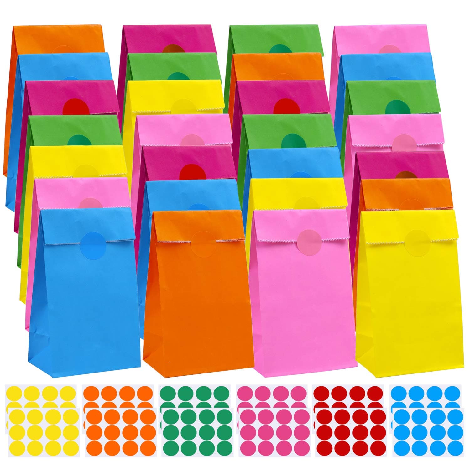 Cooraby 60 Pieces 9 x 6 x 18 cm Mini Kraft Paper Bags Grocery Bags Flat Bottom Party Bags with 144 Pieces Stickers for Birthday Tea Wedding Party Supplies