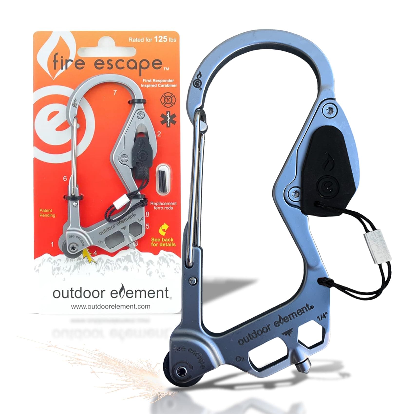 OUTDOOR ELEMENT Fire Escape, Emergency Escape Tool, Seatbelt Cutter, Window Breaker, Multi Tool, Fire Starter, Carabiner, and Much More