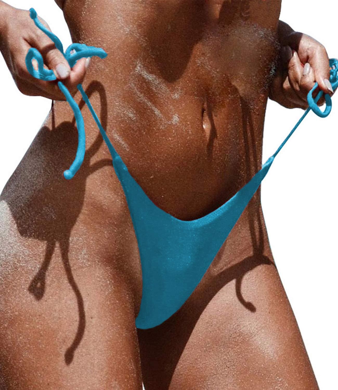 CROSS1946 Sexy Brazilian Ruched Semi Thong Bikini Bottom Women Tie Side By UPS Small, Blue