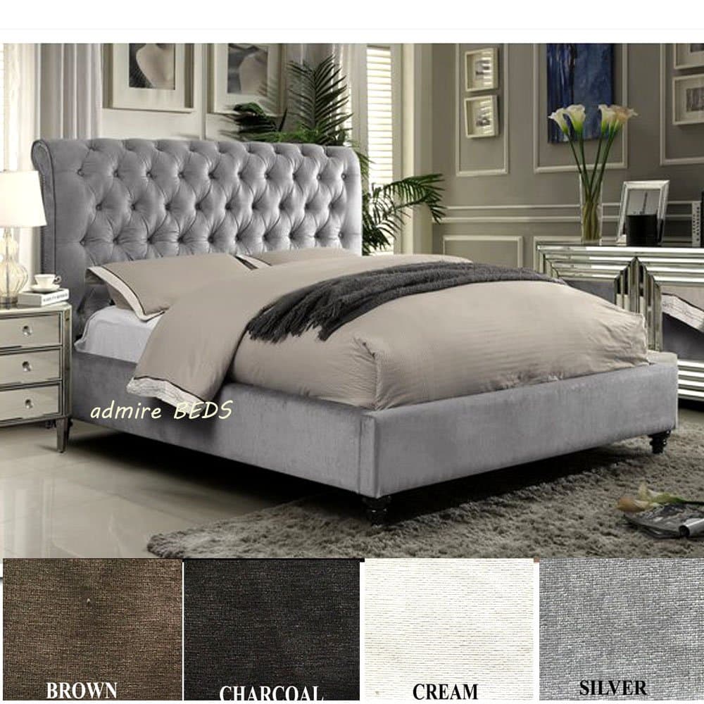Rome New Luxury Quality Upholstered Chesterfield Design Sleigh Bed Frame in stunning Silver Naples Suede (British Velvet) Fabric 5 Ft (King Size)
